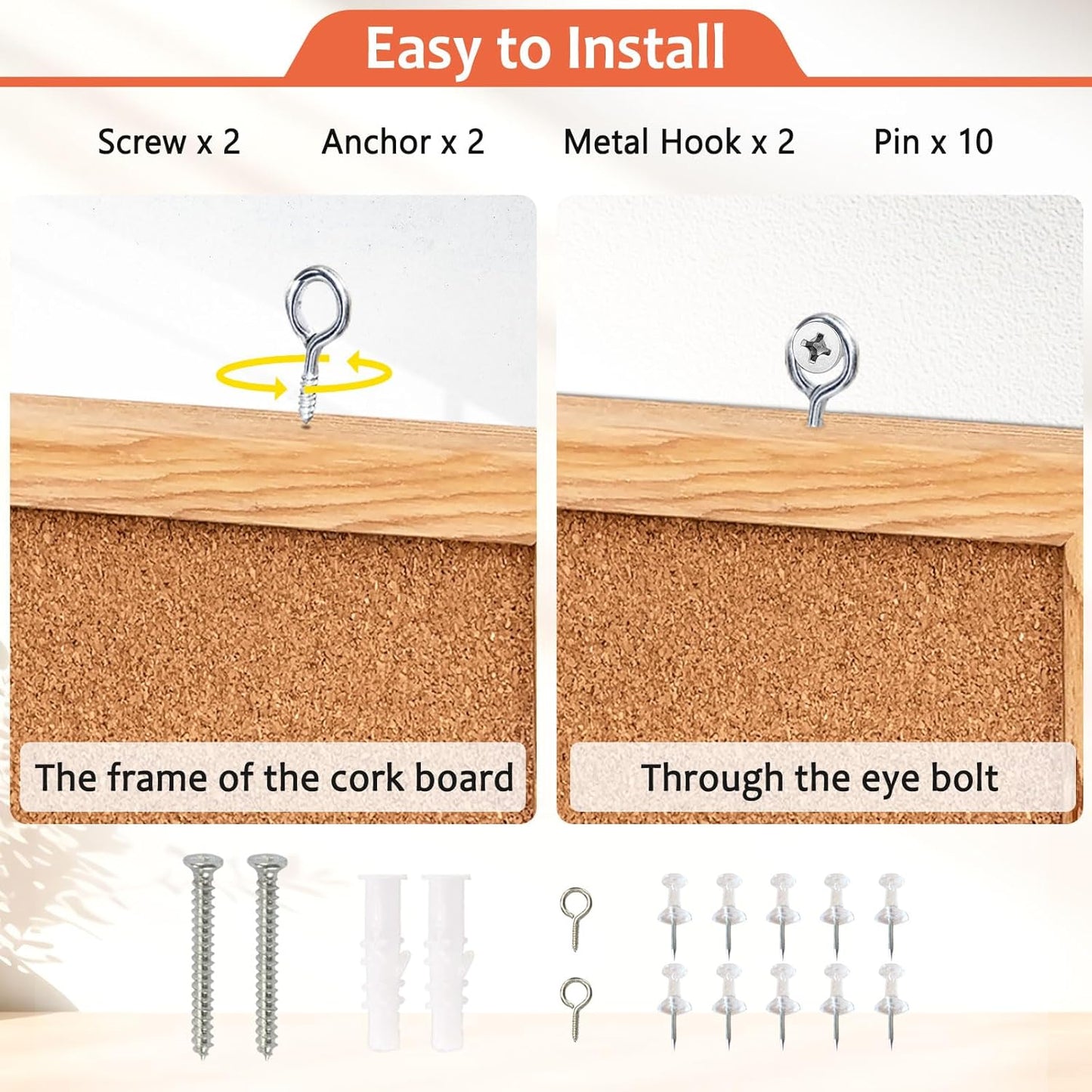 WALGLASS Cork Board 36" x 24" Wooden Frame Bulletin Board, Pin Cork Board for Wall Room Decoration Display Board for Home Office, 10 Pins