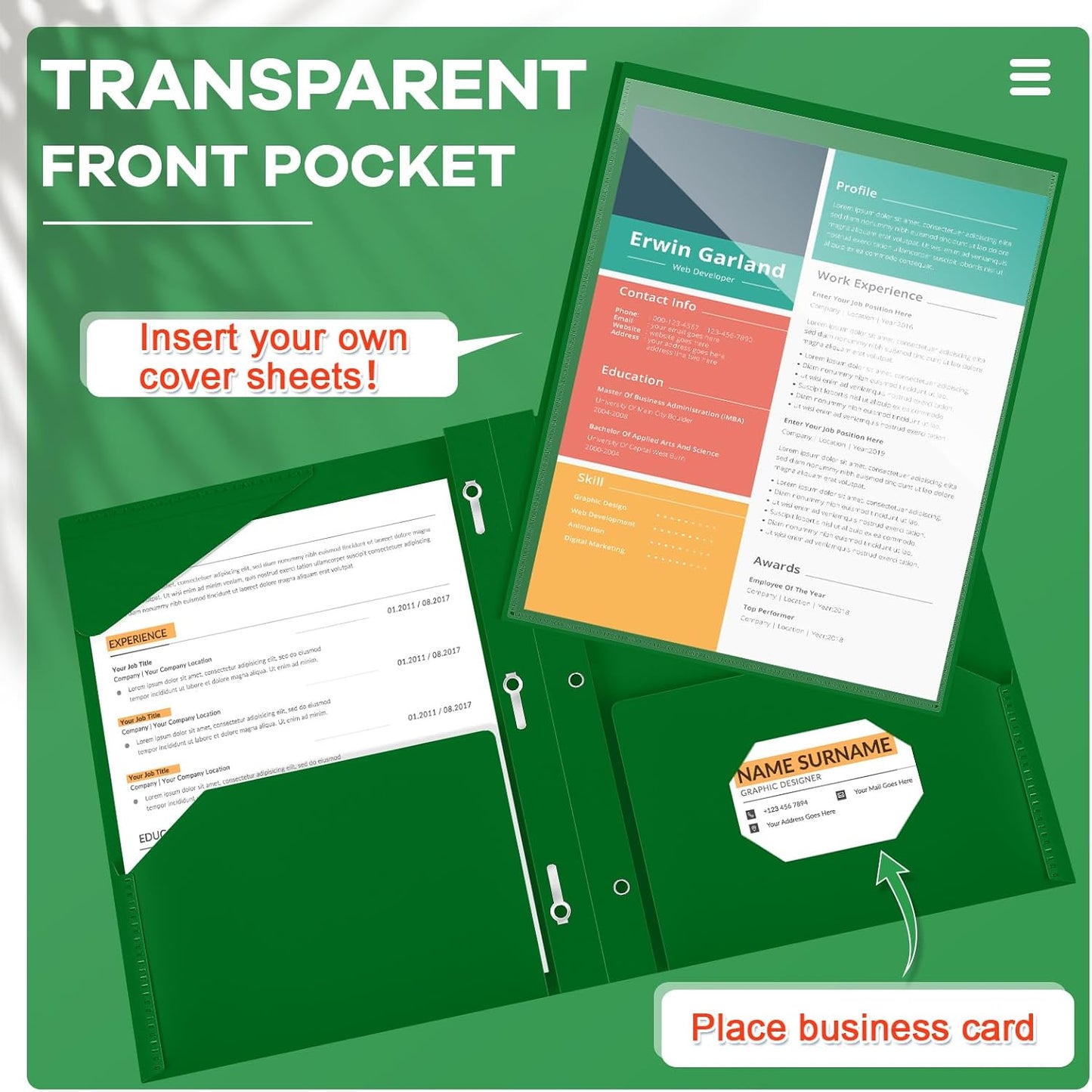 Henoyso 36 Pcs Plastic Folder with Clear Front Pocket and 3 Prong Plastic Folders with Card Slot Pocket Folders with Prongs for School Office (Dark Green)