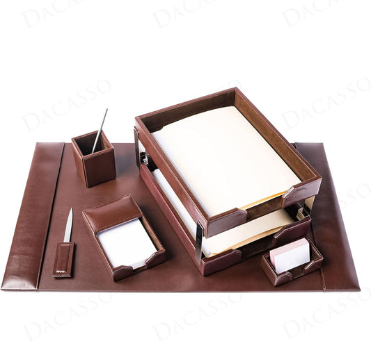 Dacasso Dark Brown Bonded Leather 8-Piece Desk Accessory Set - Organization Essentials & Executive Decor - Luxury Leather Blotter for Office Organization
