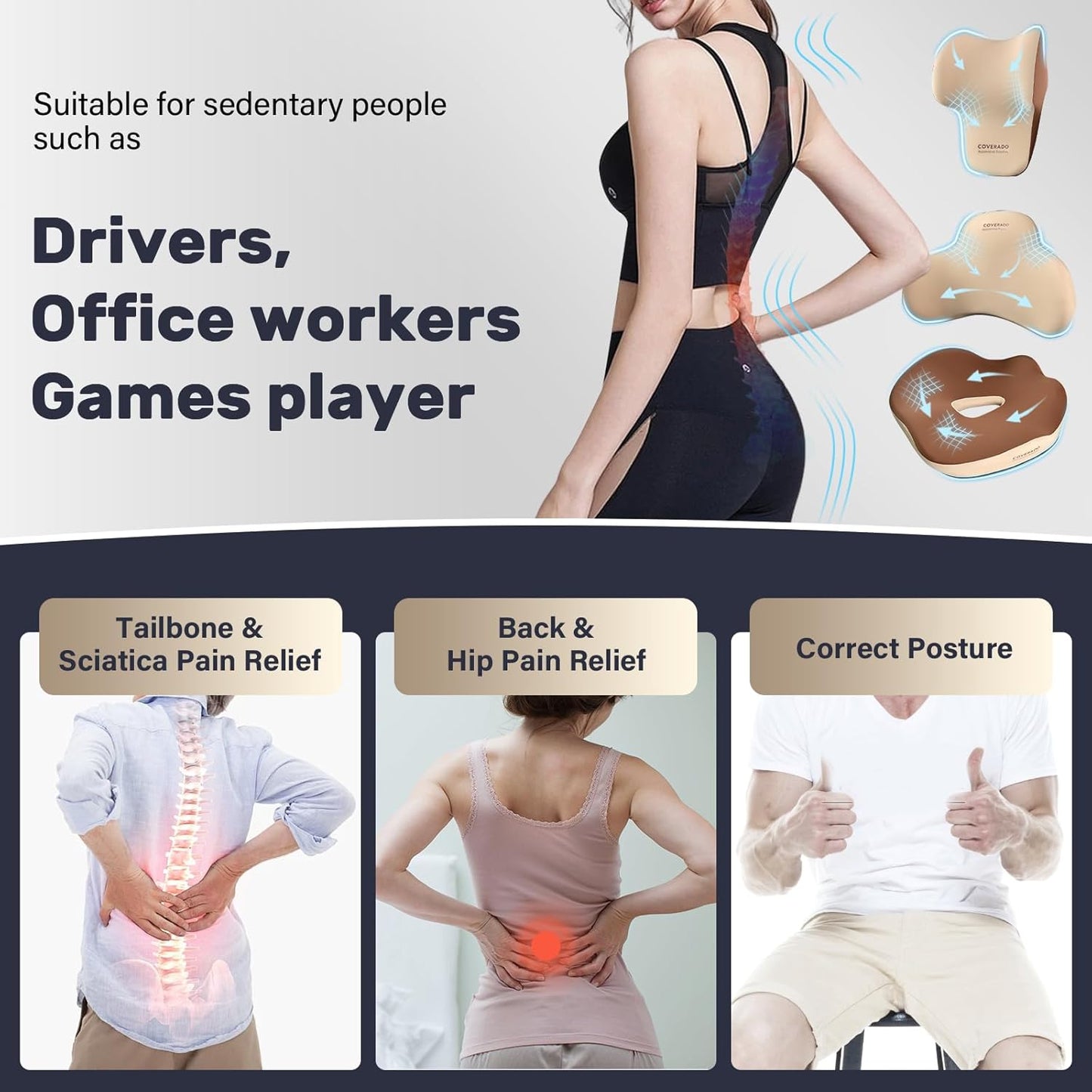 Coverado Seat Cushion and Lumbar Support Headrest Pillow for Car Office Chair, Ergonomic Memory Foam Chair Cushion Back Neck Support Pillow, Sciatica & Back & Tailbone Pain Relief Cushion-Beige