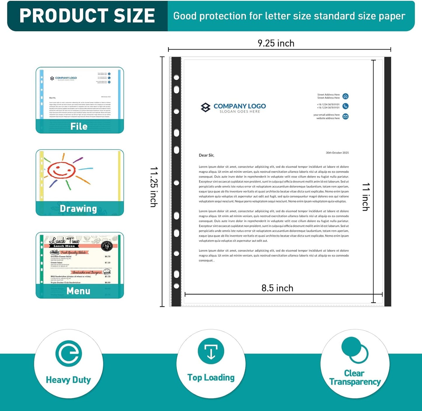 Sheet Protectors, PANDRI 400 Pack Color Heavy Duty Plastic Page Protectors Sheet Reinforced 11-Hole Fit for 3 Ring Binder Fits Standard 8.5 x 11 Paper, 9.25 x 11.25 Top Loaded, Excluding Acid