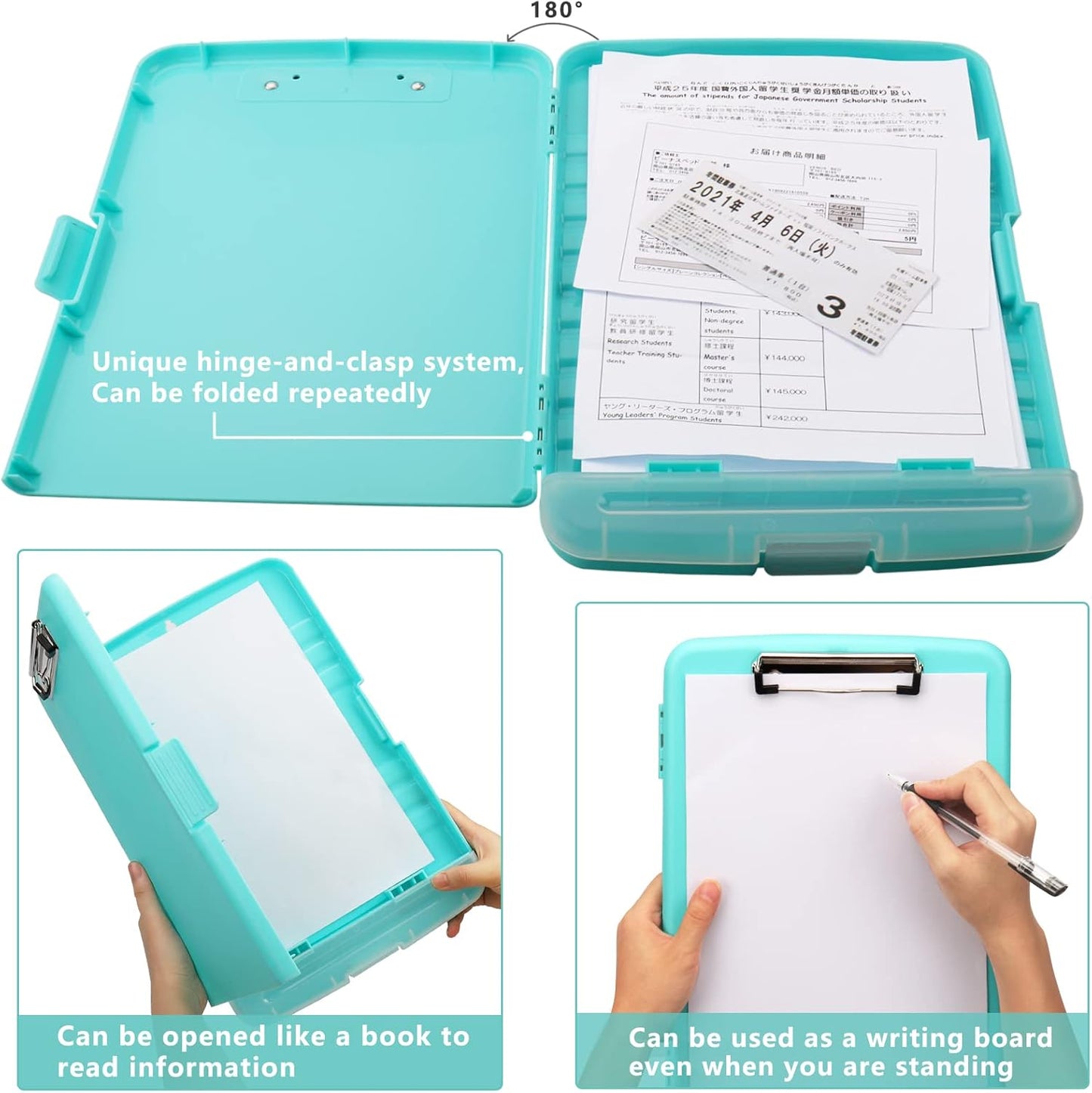 Clipboard with Storage,A4 Clipboards with Pen Holder,Heavy Duty Plastic Storage Clipboard with Low Profile Clip,Nursing Clipboards Folder Side-Opening,Smooth Writing Clip Board for Office-Blue Green
