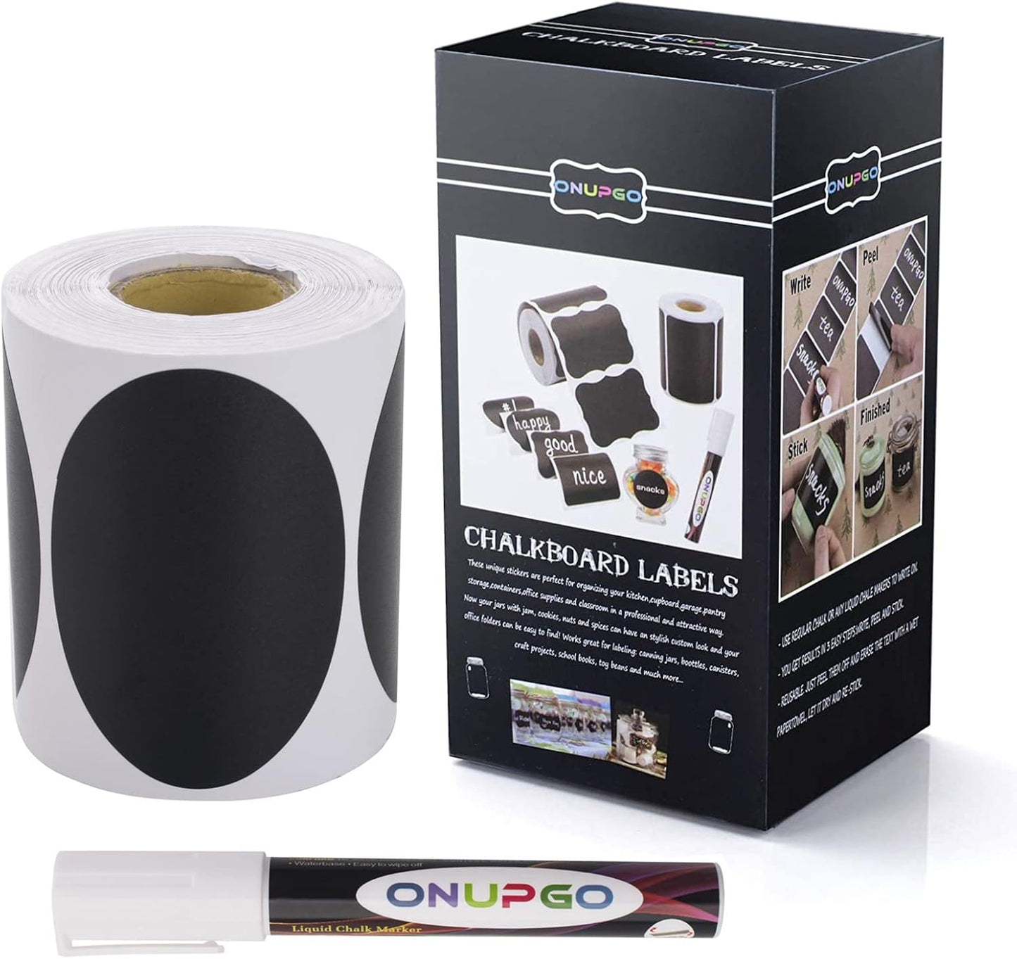 ONUPGO Chalkboard Labels-180pcs Waterproof Reusable Blackboard Stickers with 1 Liquid Chalk Marker for Mason Jars, Parties Decoration, Craft Rooms, Weddings, Storage, Organize Your Home & Kitchen