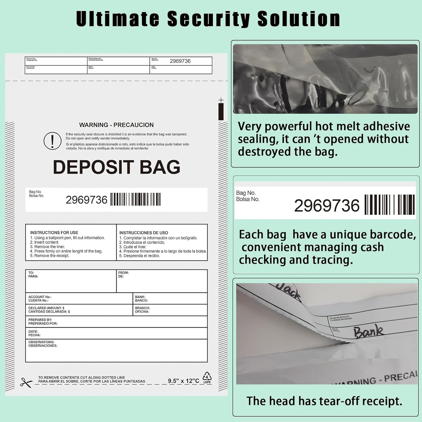 Plastic Deposit Bags 30 Pack 9.5''x 15'', Opaque Security Bank Deposits,Cash register,Money bag for Cash,Bank Pocket,Tamper-Evident,Unique Barcode