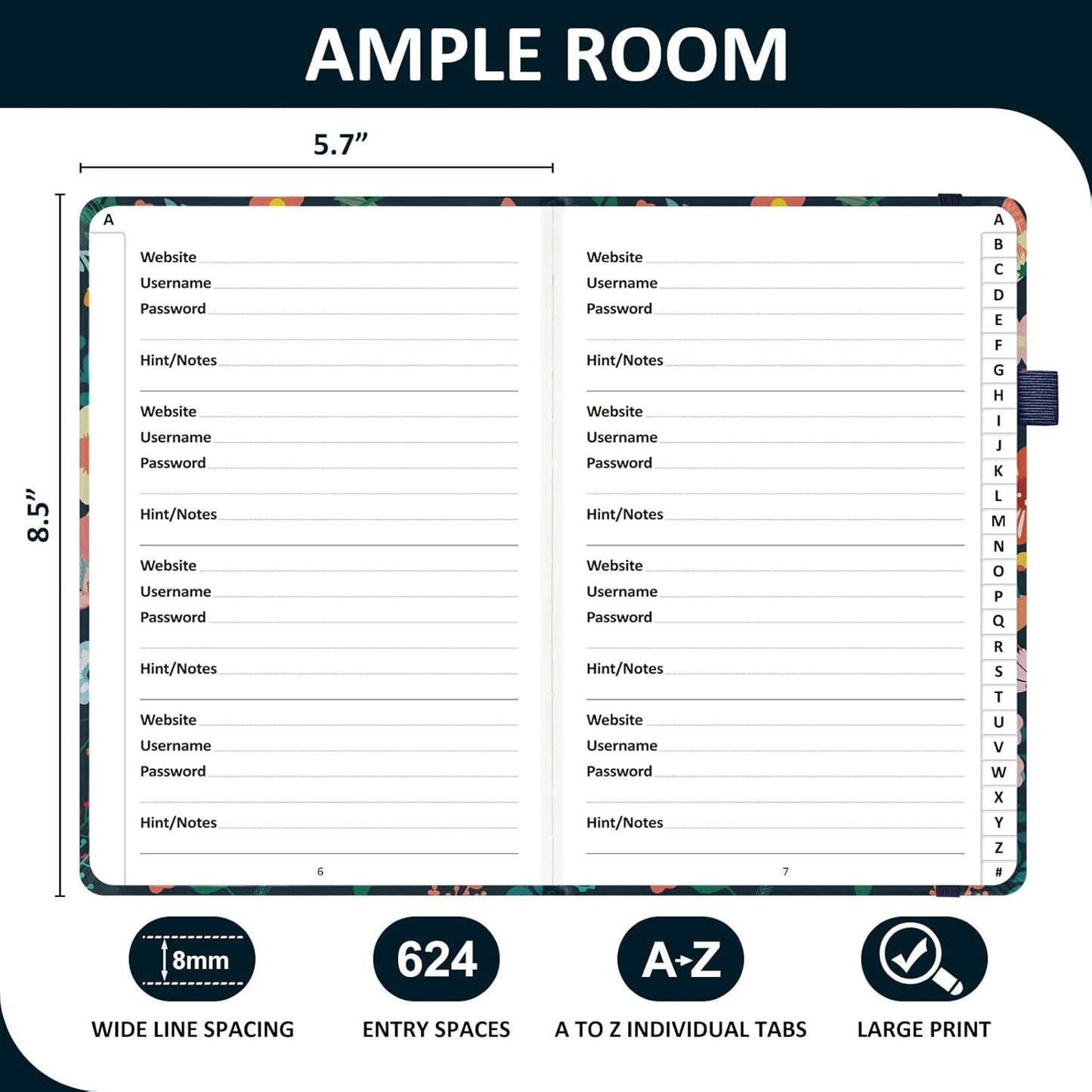 Password Book with Individual Alphabetical Tabs Laminated, Large Print Password Keeper Book for Seniors, A5 Hardcover Internet Password Log Book to Record Website Login Details - Floral