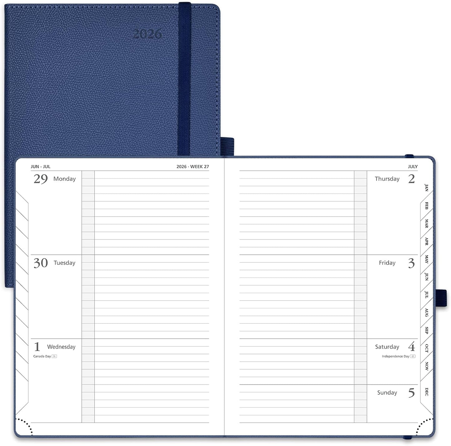 POPRUN 2026 Weekly Planner (Medium 6.75" x 8.75") 12 Months Calendar Notebook with Horizontal Layout, Leather Hardcover, Inner Pocket, 100GSM Thick Paper, Pen Holder - Navy Blue