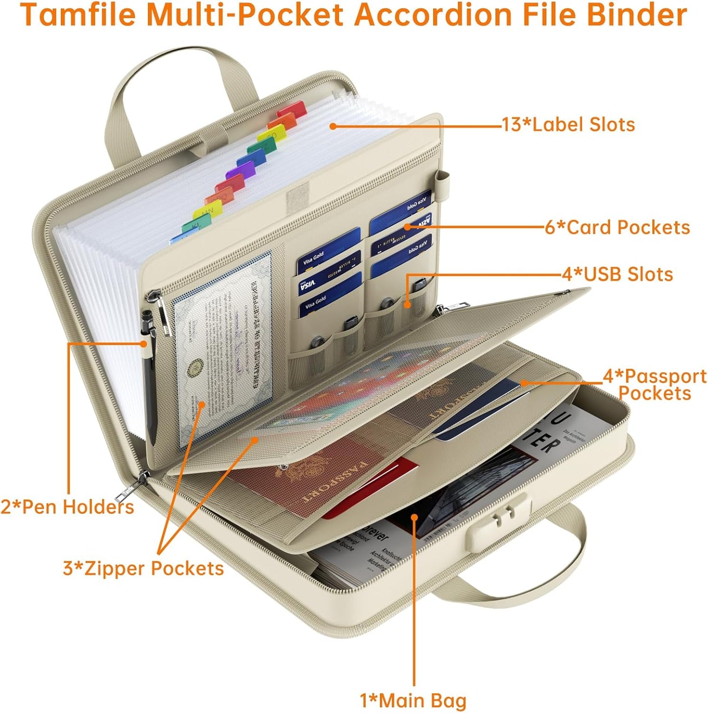5200℉ Fireproof Accordion File Organizer with Lock, Thickened Document Organizer 13 Pocket with Zipper & Labels, Important Document Organizer, Expanding File Folder with Handle for Letter A4 (Beige)