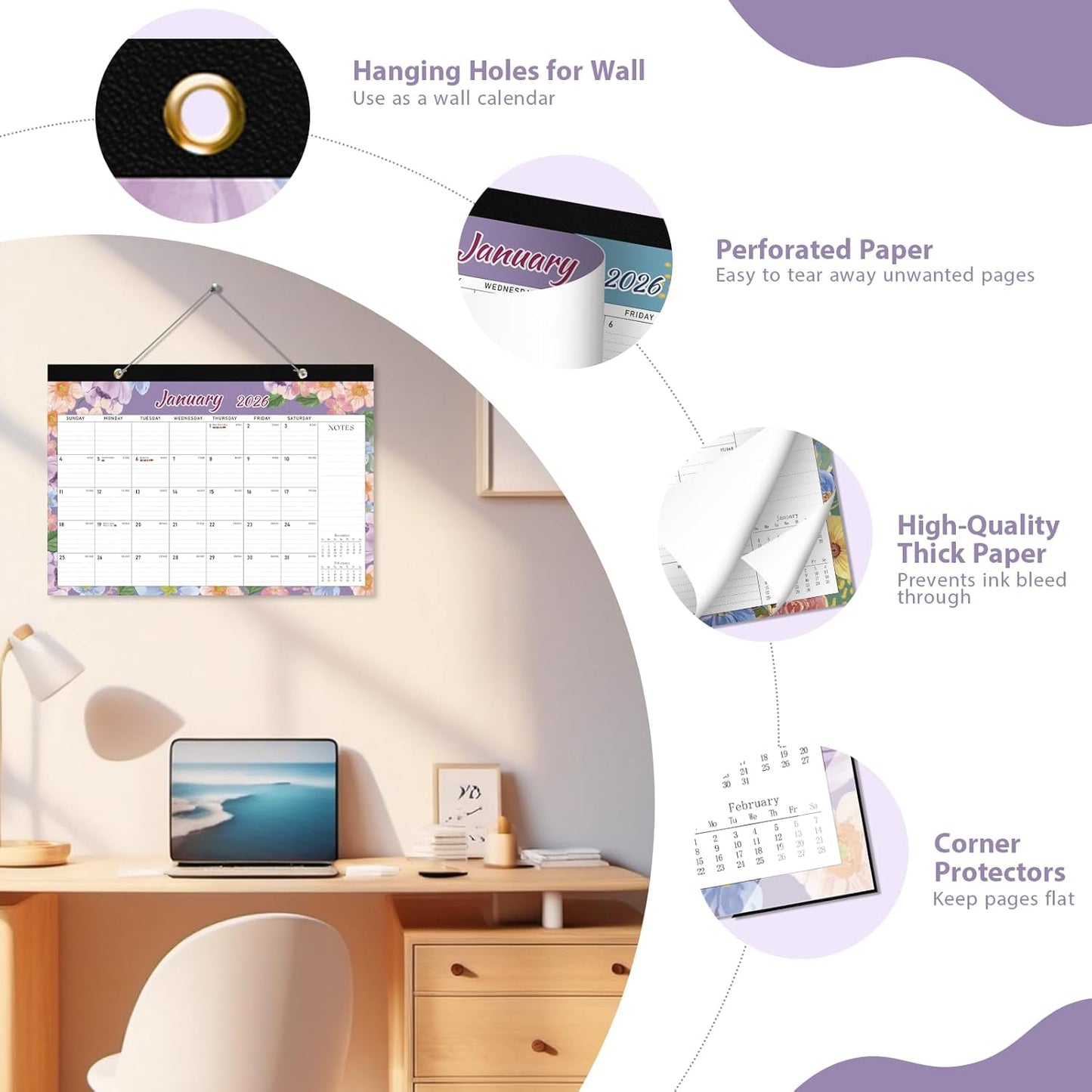 2026 Desk Calendar, Large Desktop/Wall Monthly Calendar 17'' x 12'' School Year Desk Planner for Teacher Family School Office Supplies (Flower-B, 17"x12"(Jan 2026-Jun 2027）)