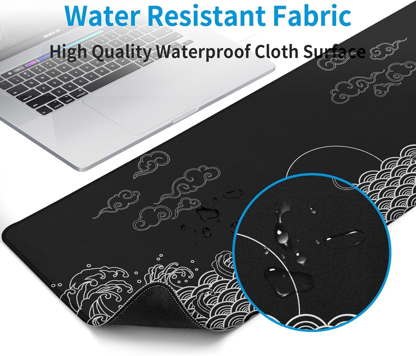 Japanese Sea Wave Gaming Mouse Pad Black Large Anime Mousepad Extended Mouse Mat 31.5''x11.8'' 3mm Thick Non-Slip Rubber Base Big Desk Pad for Office