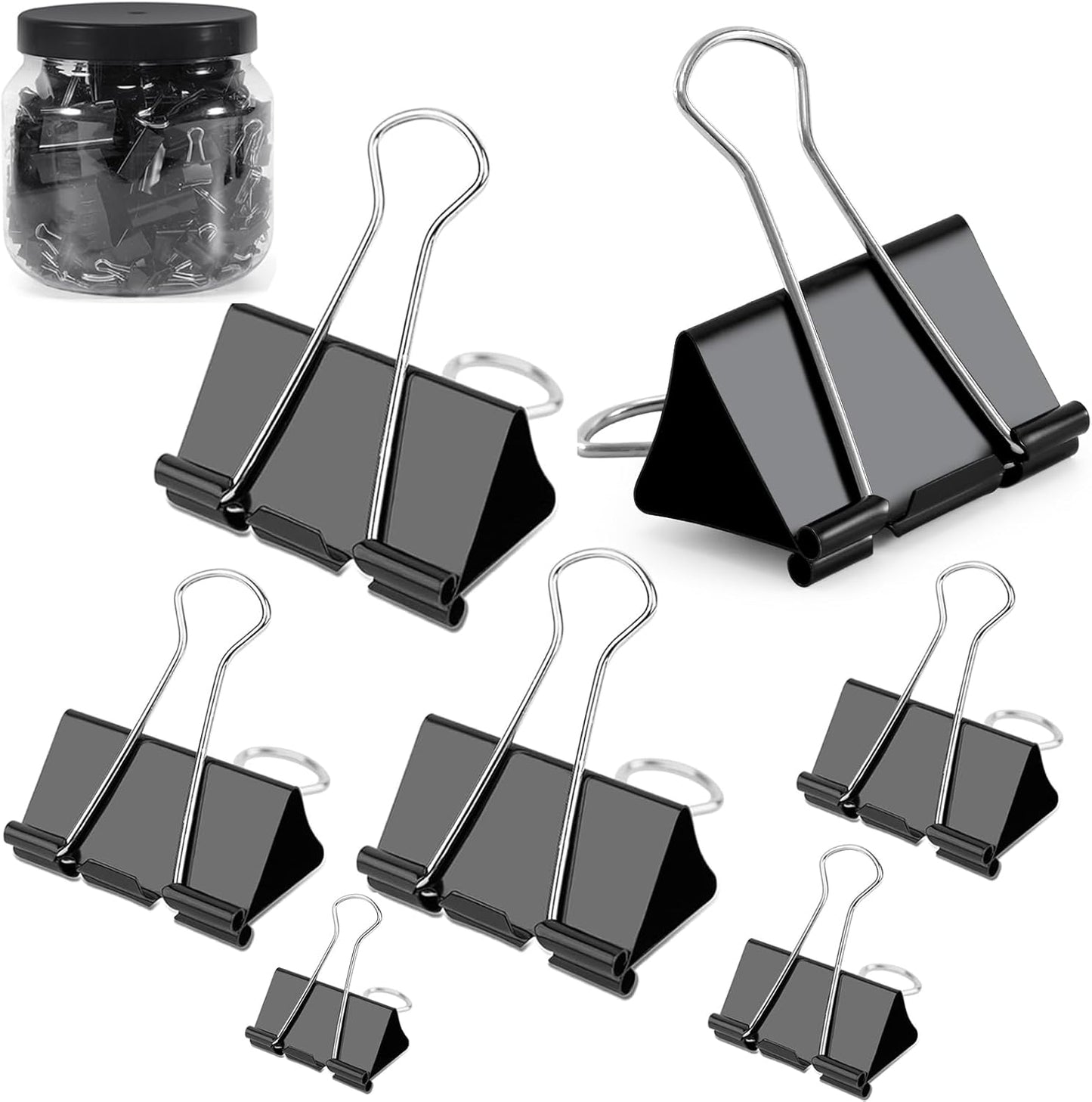 Ufmarine Binder Clips Paper Clips Assorted Sizes 200 Count (Black), Extra Large, Large, Medium, Small, Mini and Micro,6 Sizes with Box for Office, School and Home