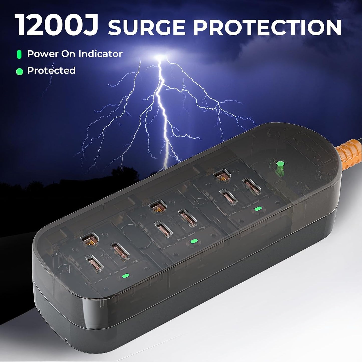 Power Strip Weatherproof, Transparent Surge Protector with 3 Wide Outlets, 1625W/13A,5FT Flat Plug Multi-Plug Outdoor Extension Cord for Indoor Outdoor, UL FCC Listed