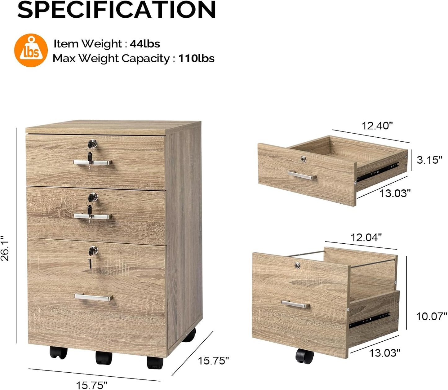 VINGLI 3-Drawer File Cabinet with Lock, Wood Rolling Filing Cabinets for Home Office, Mobile Printer Stand, Under Desk File Organizer for Letter Sized Files, 26" H(Caster Included), Oak