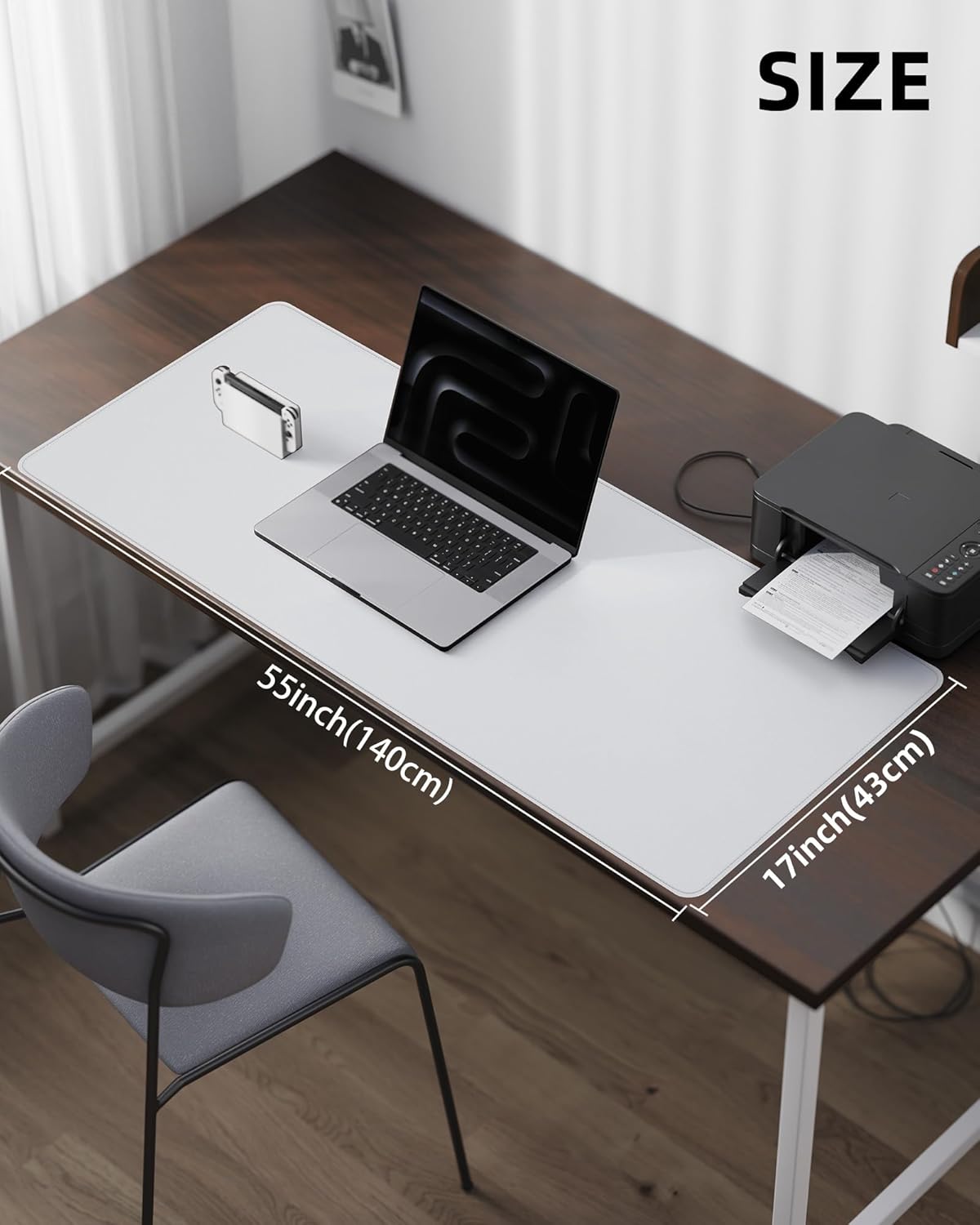 Extra Large Desk Pad Mat - Waterproof Mouse Pad & Desk Protector, Non-Slip XXL PU Leather Gaming Mat for Keyboard/Mouse, Stitched Edge with Ergonomic Support, 55"x17" (White)