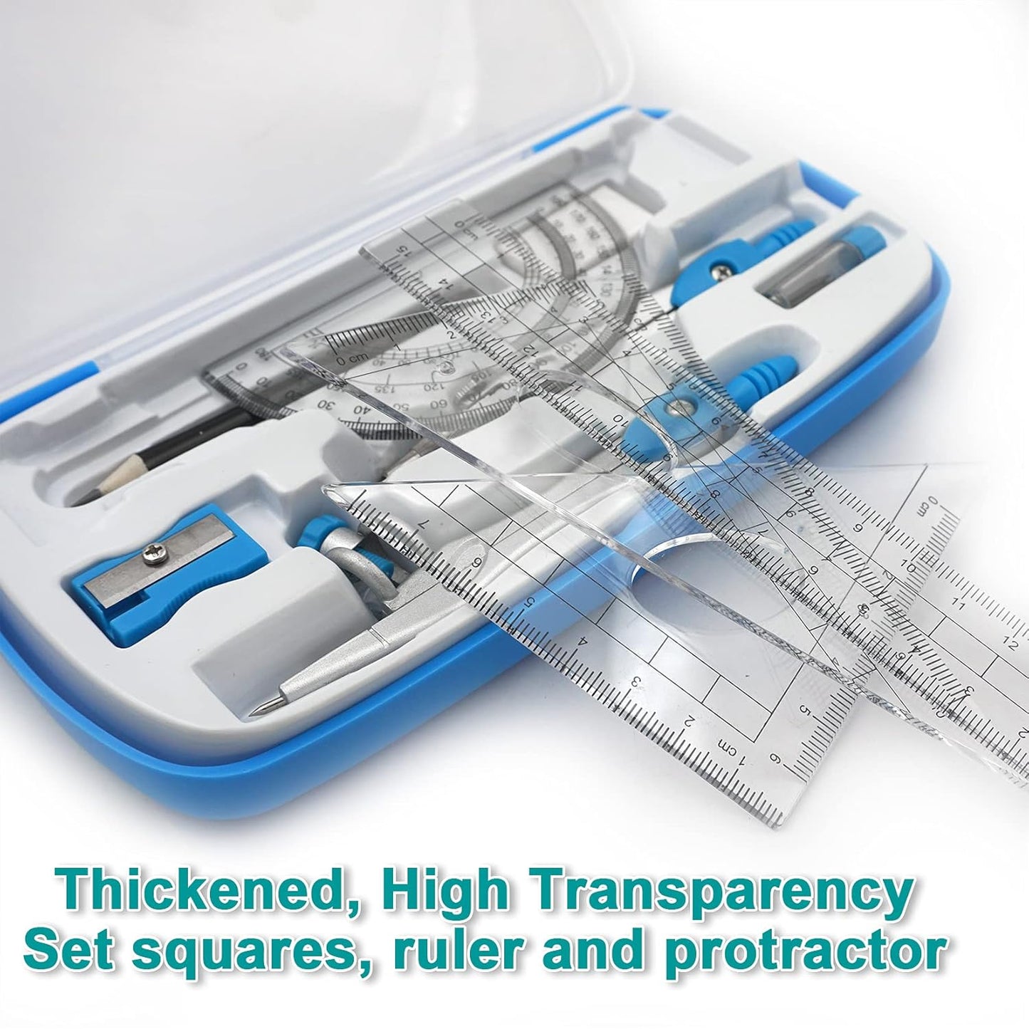 Math Compasses Back-to-School Starter Geometry Kit with 2 Drafting Compasses Protractor Set Squares Ruler and More for Students Maths Study Homework, Blue Set with Carry Case