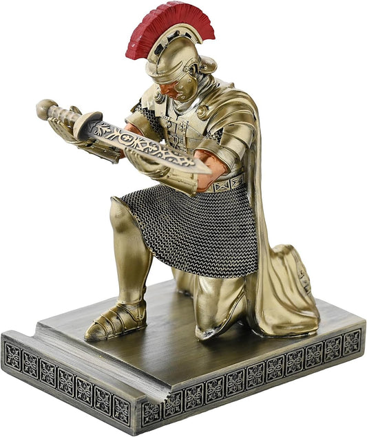 Roman Praetorian Prefect Warrior Knight Pen Holder Desk Ornament Resin Praetorian Guard Mobile Phone Stand Desk Accessories and Organizer for Office with a Letter Opener (Bronze)