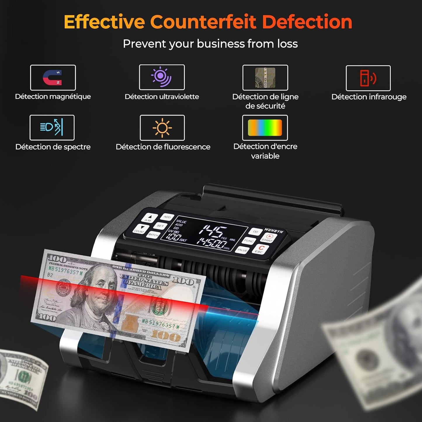 MUNBYN IMC20 Money Counter Machine with Value Count, UV/MG/IR/MT Counterfeit Detection for Dollar/Euro Bill Counter, Add/Batch/Value Mode Cash Counter, LED External Display, 2Y Protection