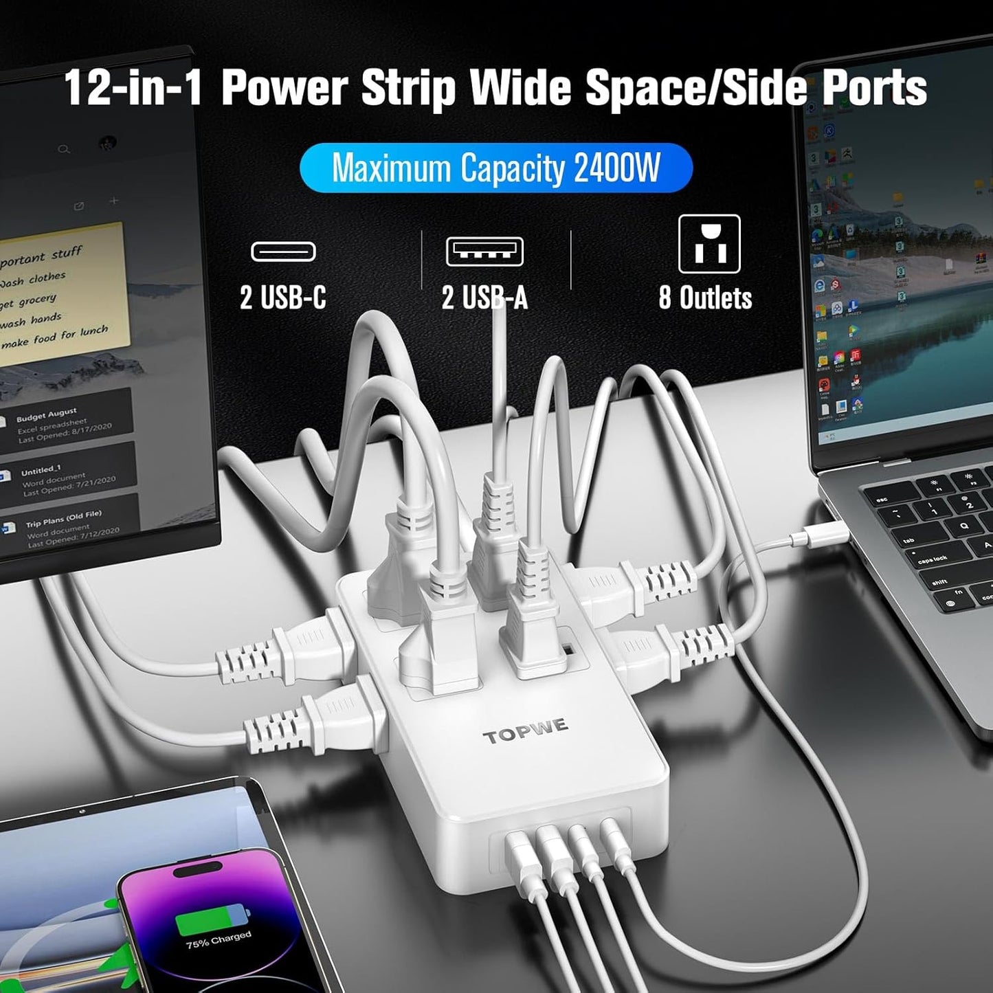 Power Strip Surge Protector with Multiple Outlets, Charging Station(100W Max), Flat Plug Extension Cord 10 Ft Long Cord, 8 Outlets & 4 USB Ports (2 USB C), Desk Charging Station for Home Office