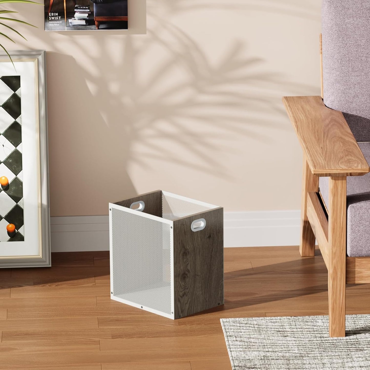 Office Trash Can, Rectangular Kitchen Garbage Can, Iron and Wood Combination Bathroom Trash Can, Modern Design Wastebasket Bin for Bathroom, Laundry Room, Kitchen, Kids' Room, Dorm(4.5 Gallon)