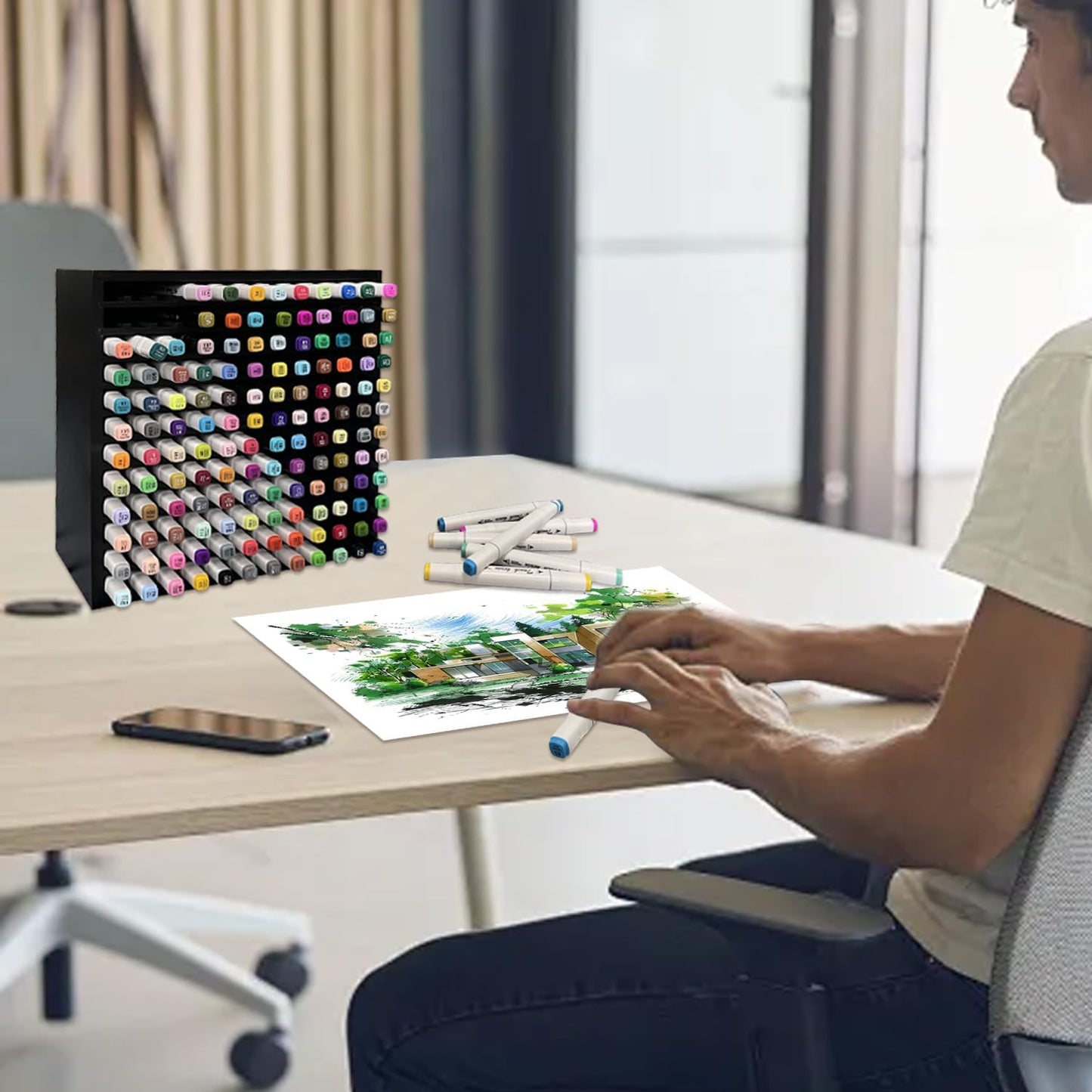 MinBoo Bamboo Marker Organizer Wooden Art Supply Storage Organizer Rack Art Markers Pens Colored Pencils Paint Brushes Stationary Organizer Holder (Black, Rack for 144 Markers)