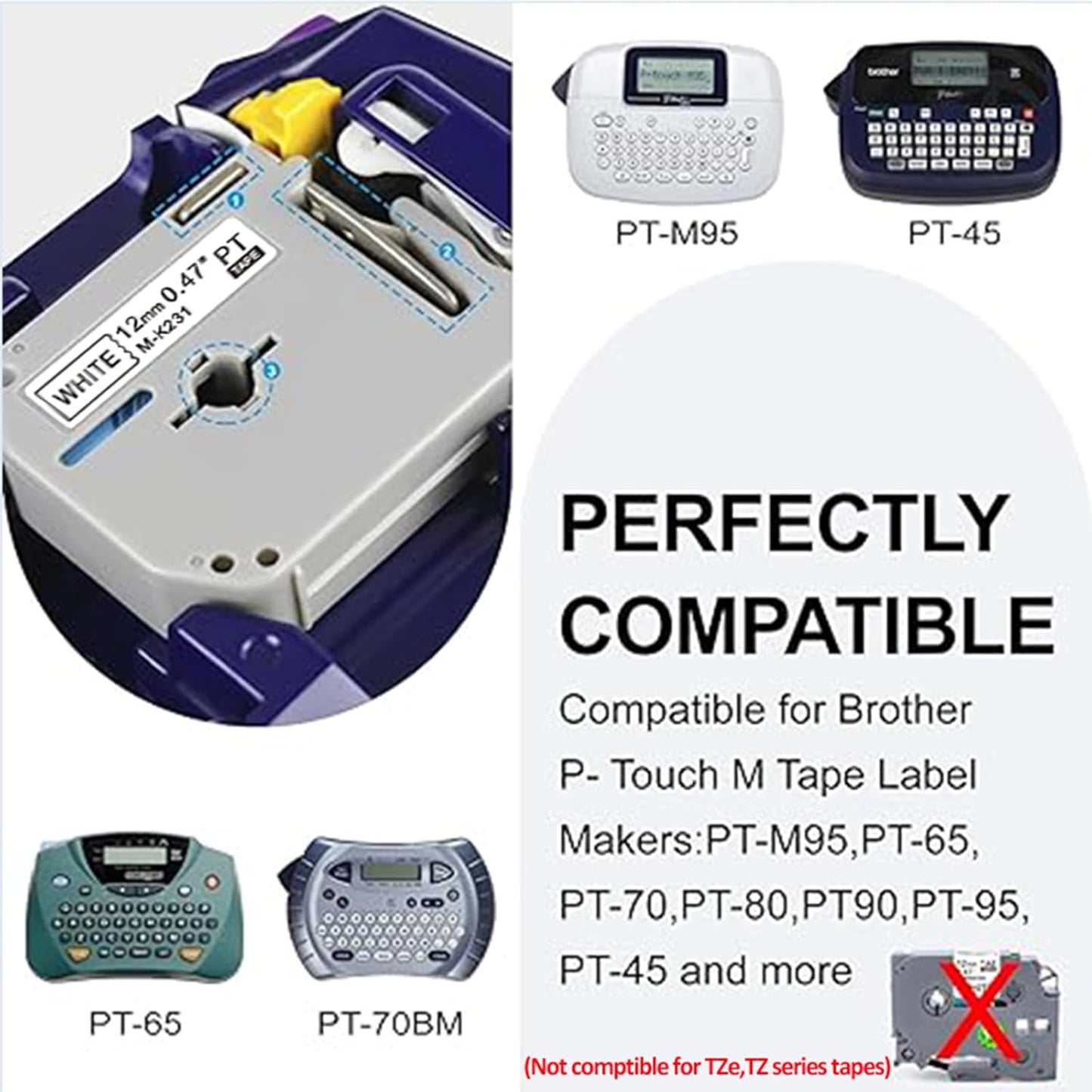 12Pack M-K231 Replacement for Brother M Tape 12mm 0.47'' White, M-K231s MK231s M231 Label Tape Replace for Brother PTouch PT-M95, PT-90, PT-70, PT-65, PT-60, PT-45 Label Maker Refills