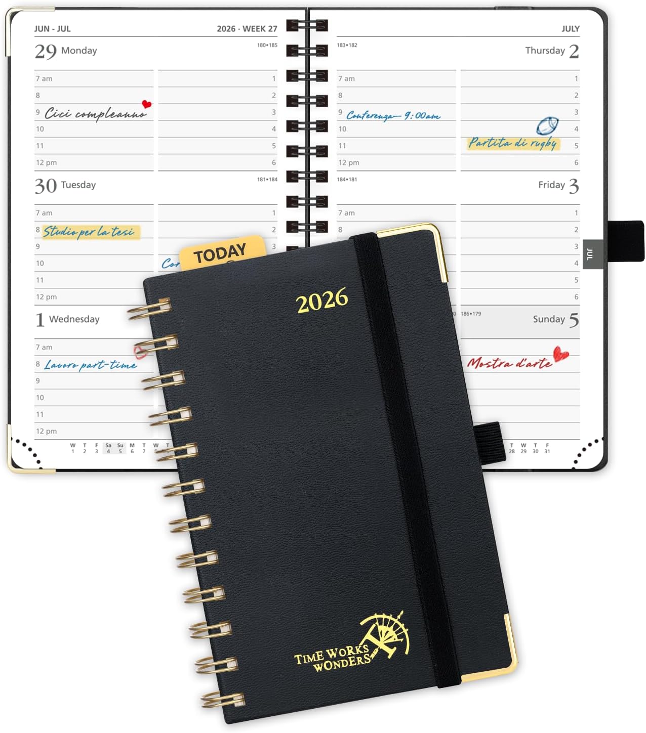 POPRUN 2026 Planner (Pocket Size 4''x 6.25'' Wire-Bond Hard Cover) Calendar Weekly and Monthly (Jan.2026-Dec.2026) Small Planner with Hourly Time Slots, for Purse, 100 GSM - Black