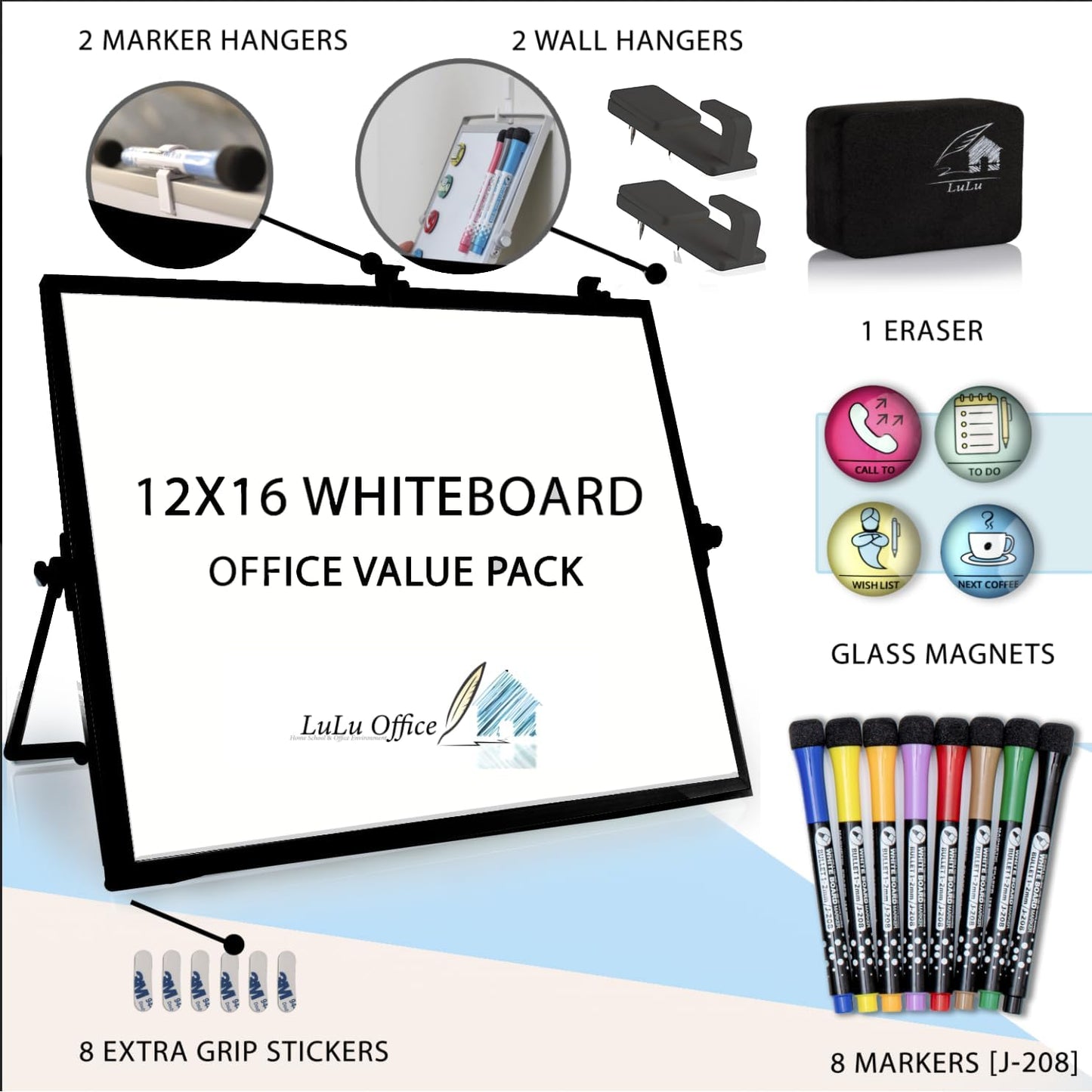 Dry Erase White Board Black Frame for Desk & Wall,12"X16" Large Magnetic Desktop Whiteboard with Stand, 8 Markers, 4 Magnets,1 Eraser, Double-Sided Portable Easel for Office, Students Memo to Do List