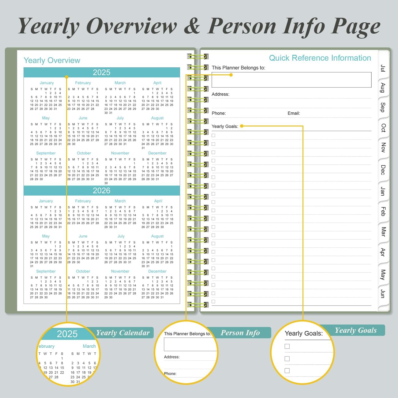 2025-2026 Planner - Academic Planner 2025-2026 from July 2025 - June 2026, Weekly & Monthly Planners Spiral Bound with 12 Monthly Tabs, Inner Pocket, 6.4" x 8.5", Green