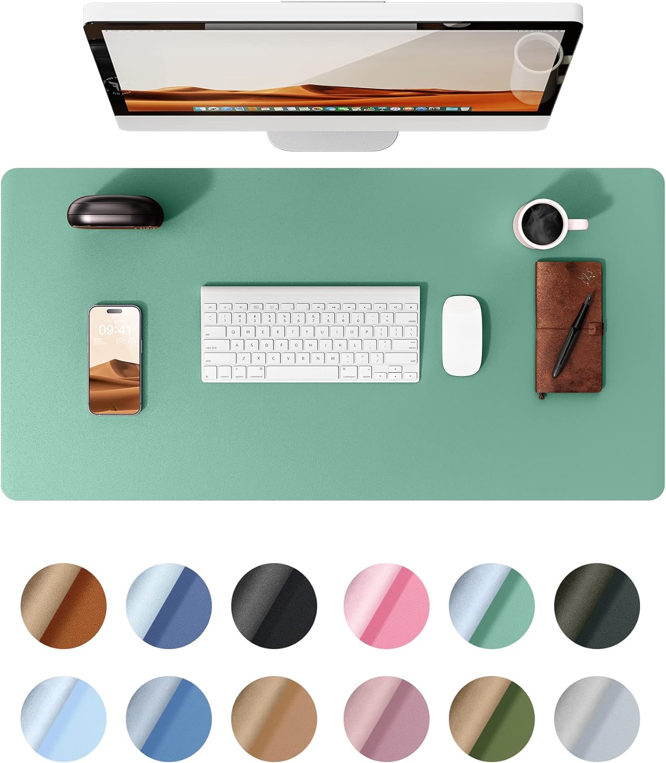 YSAGi Leather Desk Protector, Office Mat, Large Mouse Mat, Non-Slip PU Leather Blotter, Laptop Desk Pad, Waterproof Writing Pad for Office and Home (Green-Blue, 23.6" x 13.8")