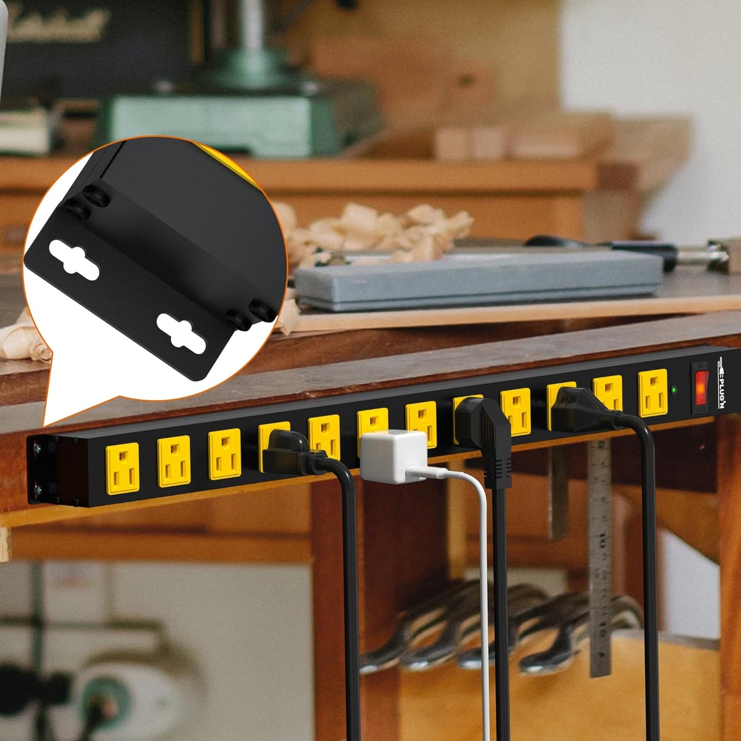 12 Outlet Long Power Strip, 3FT Power Cord, 2100 Joules Surge Protector, Wide Spaced Outlet Power Bar, Overload Protection Switch, Industrial Heavy Duty for Work Bench, Shop, Garage, 2 Pack