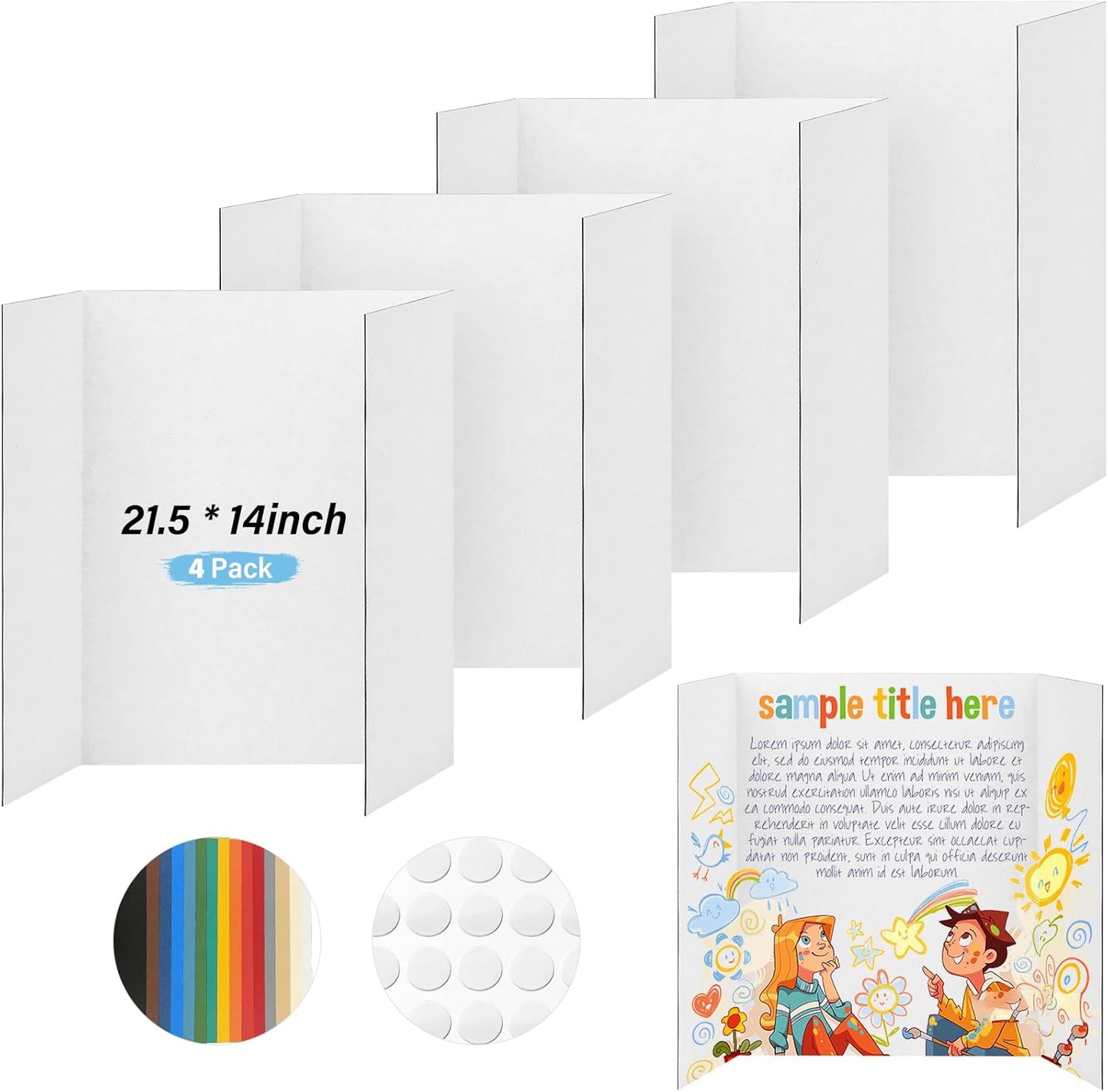 4 Pcs Trifold Poster Board, 21.5x14 inches Small White Poster Board Comes with Sticky Accessories, Corrugated Presentation Boards, Display Board for School Projects, Business Presentations