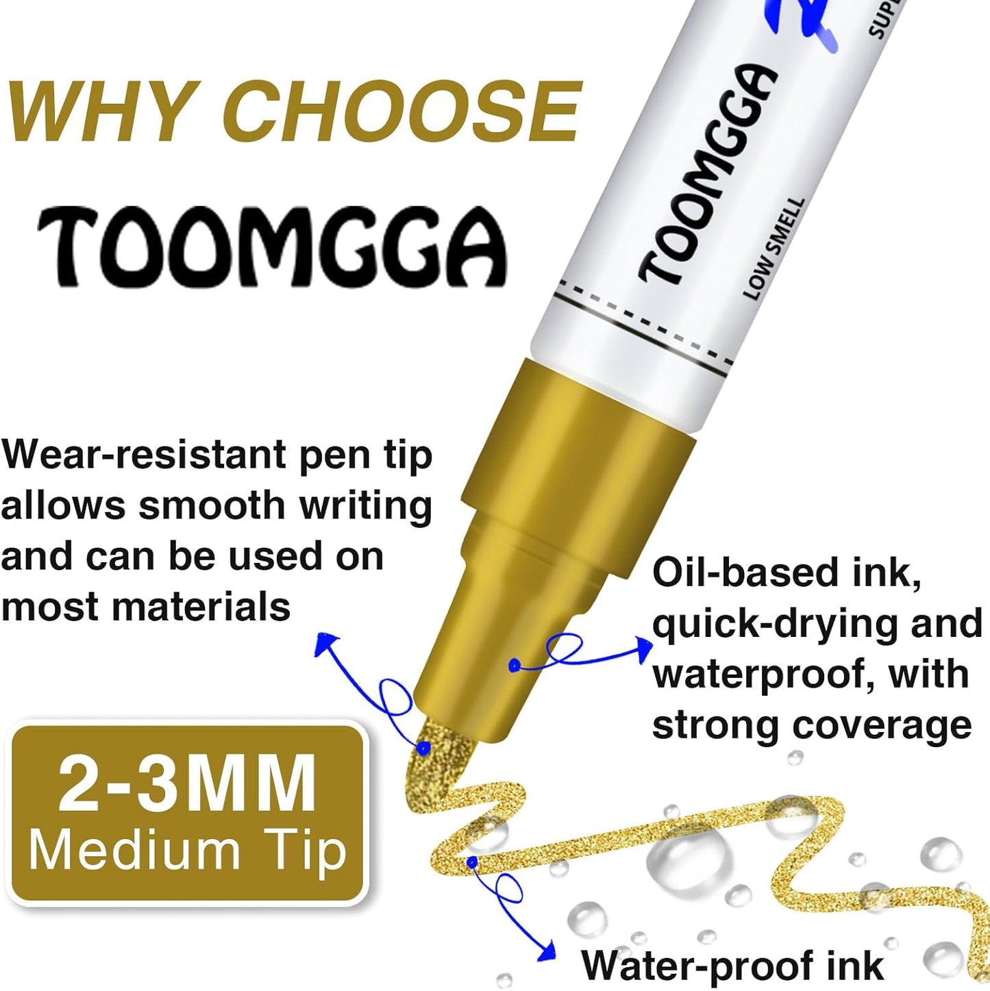 Gold Paint Pens Permanent Paint Markers 2 Pack Oil Based Markers, Quick Drying and Waterproof Marker Pen, Car Tire, Metal, Rock Painting, Wood, Ceramic, Plastic, Canvas, Mugs, Medium Tip