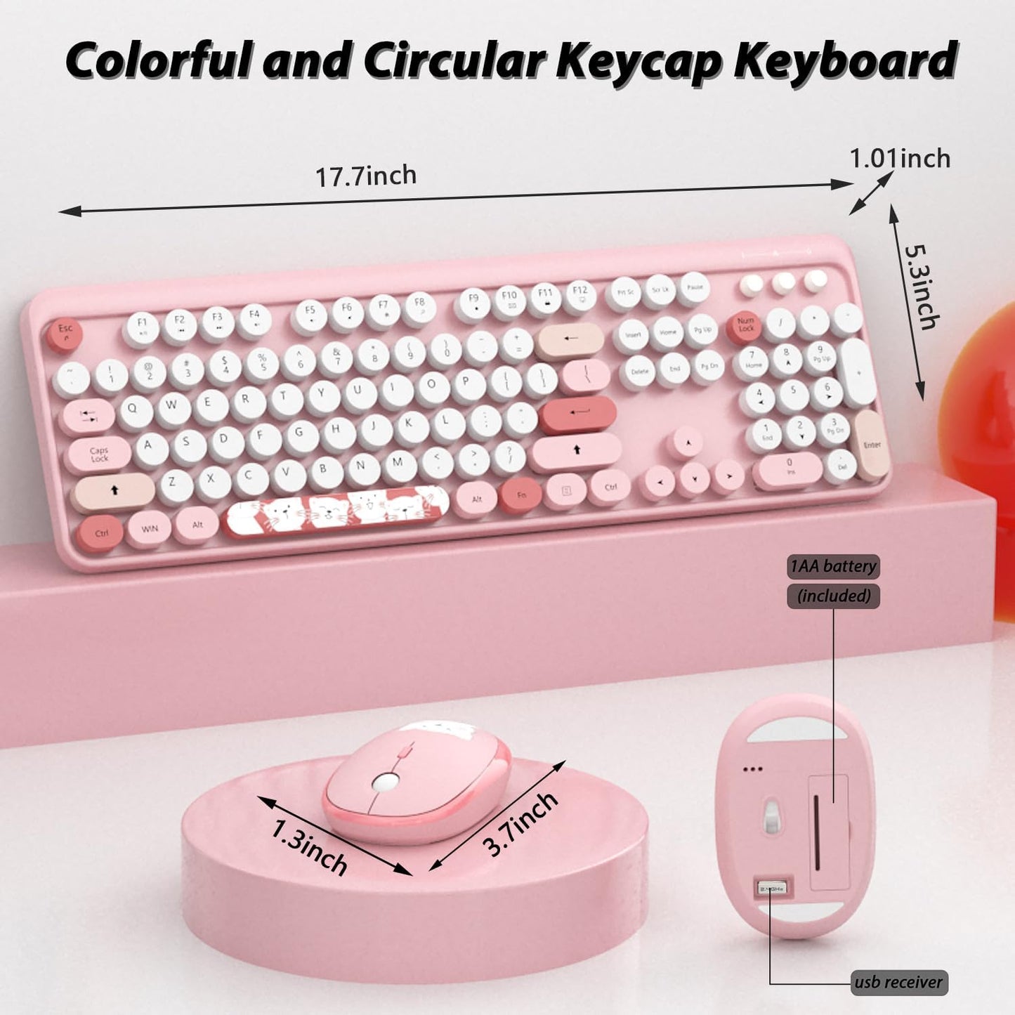 Wireless Keyboard,KOOTOP Cute Colorful 104 Keys Typewriter Retro Round Keycaps Keyboard for PC Laptop,Desktop,Windows, Home and Office Keyboards (Pink)