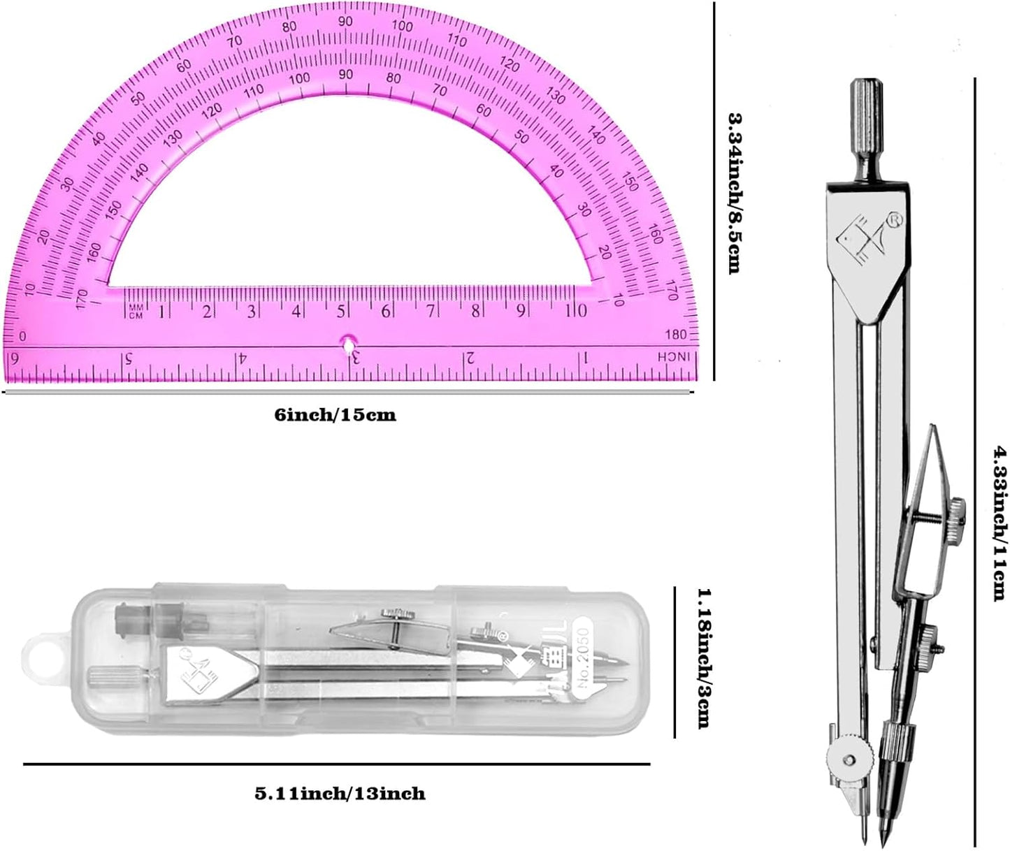 Students Geometry Math Set, Drawing Compass and 6 Inch Transparent Swing arm Protractor 180 Degree Math Protractor (Pink)