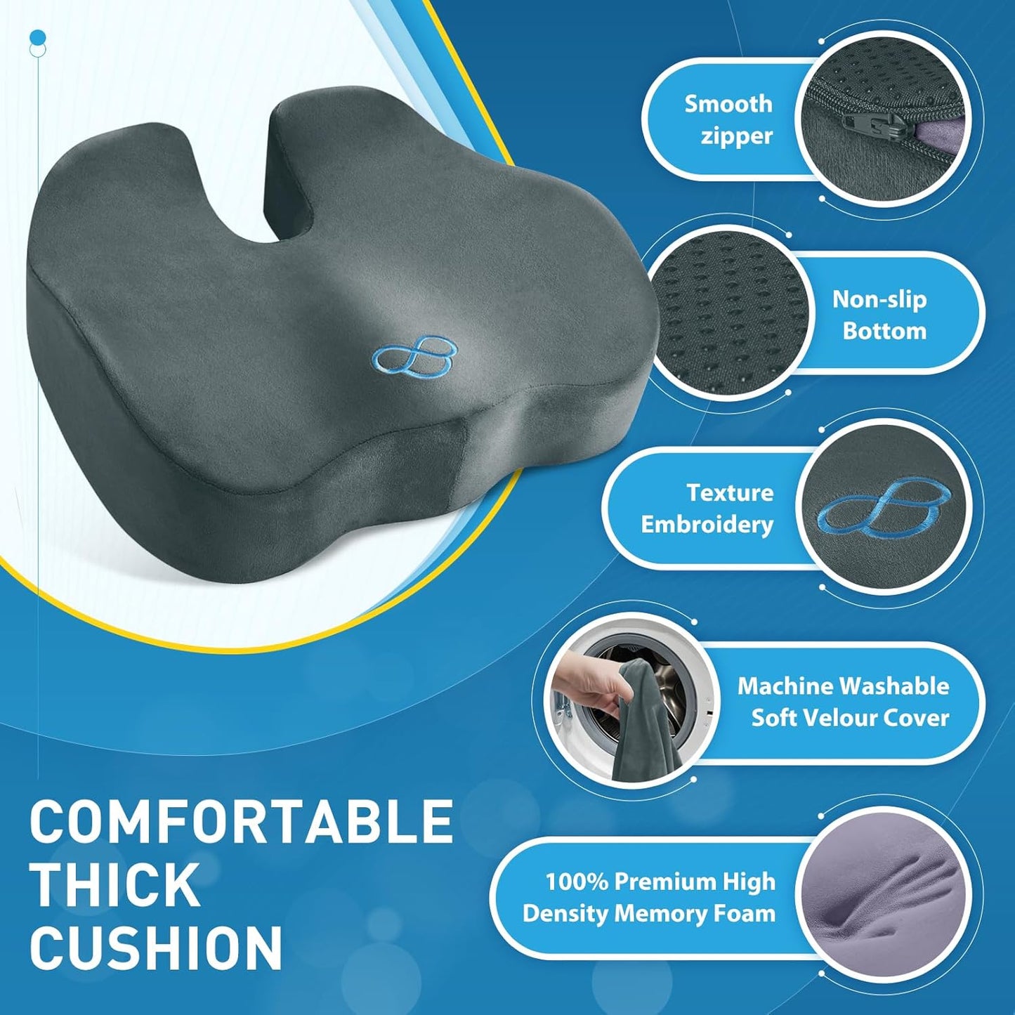 BlissTrends Seat Cushion,Thick Memory Foam Cushions for Office Chair, Car Seat, Airplane, Relieving Pressure Tailbone Sciatica Back Pain for Office Workers, Car Drivers 4.7in Thick DarkGreen