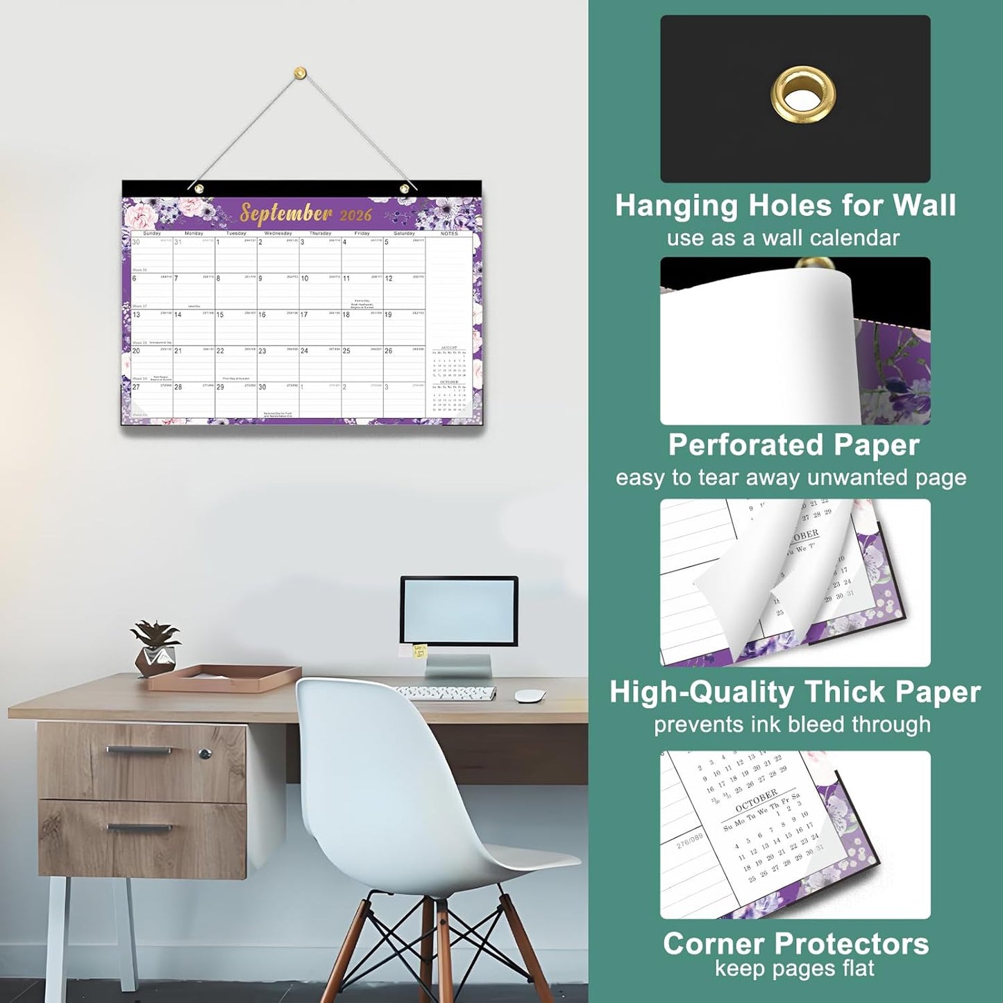 Lbylyhxc Desk Calendar 2025 - 2026, Monthly Calendar 2026, 18-Month School Year Calendar, July 2025 to December 2026, Monthly Large Desktop/Wall Calendar for Teacher with Corner Protectors 17" X 12" (Desk Calendar Flowers, 17x12 inches)