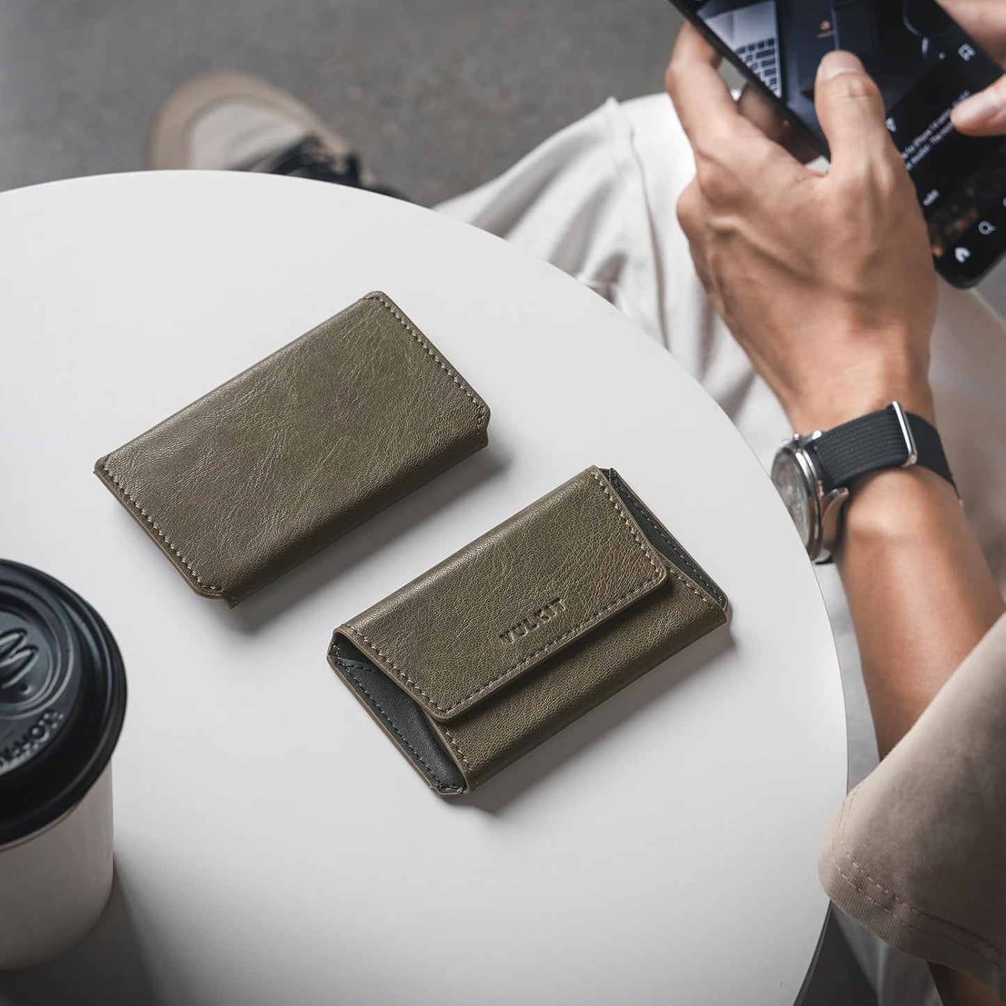 VULKIT Leather Business Card Holder Case for Men Slim Pocket Business Card Wallet Name Card Case Holder, Holds 20 Business Cards Olive