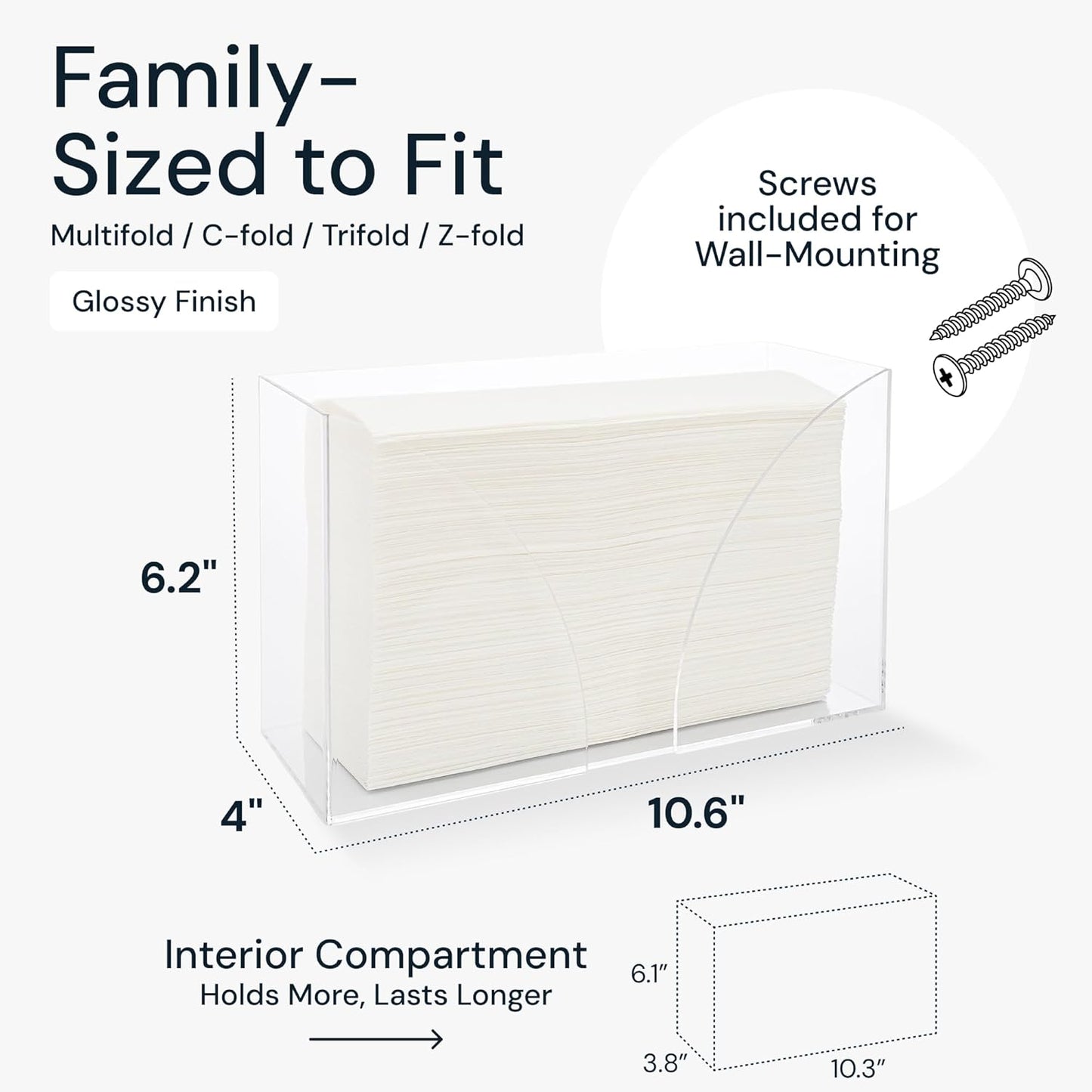 Countertop Paper Towel Holder Dispenser - Clear Acrylic Storage Holder for Kitchen or Bathroom Use for Multifold, C Fold, Trifold, Z Fold Hand Towel Napkins - Commercial or Home Use