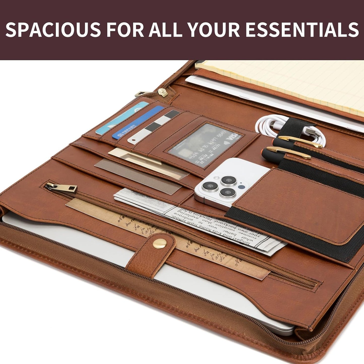 Personalized Genuine Leather Portfolio for Women and Men, Custom Engraved 8.5 x 11 Legal Padfolio, Zippered Notebook Laptop Organizer, Business Executive Folio for Work, Brown, Oil Tanned