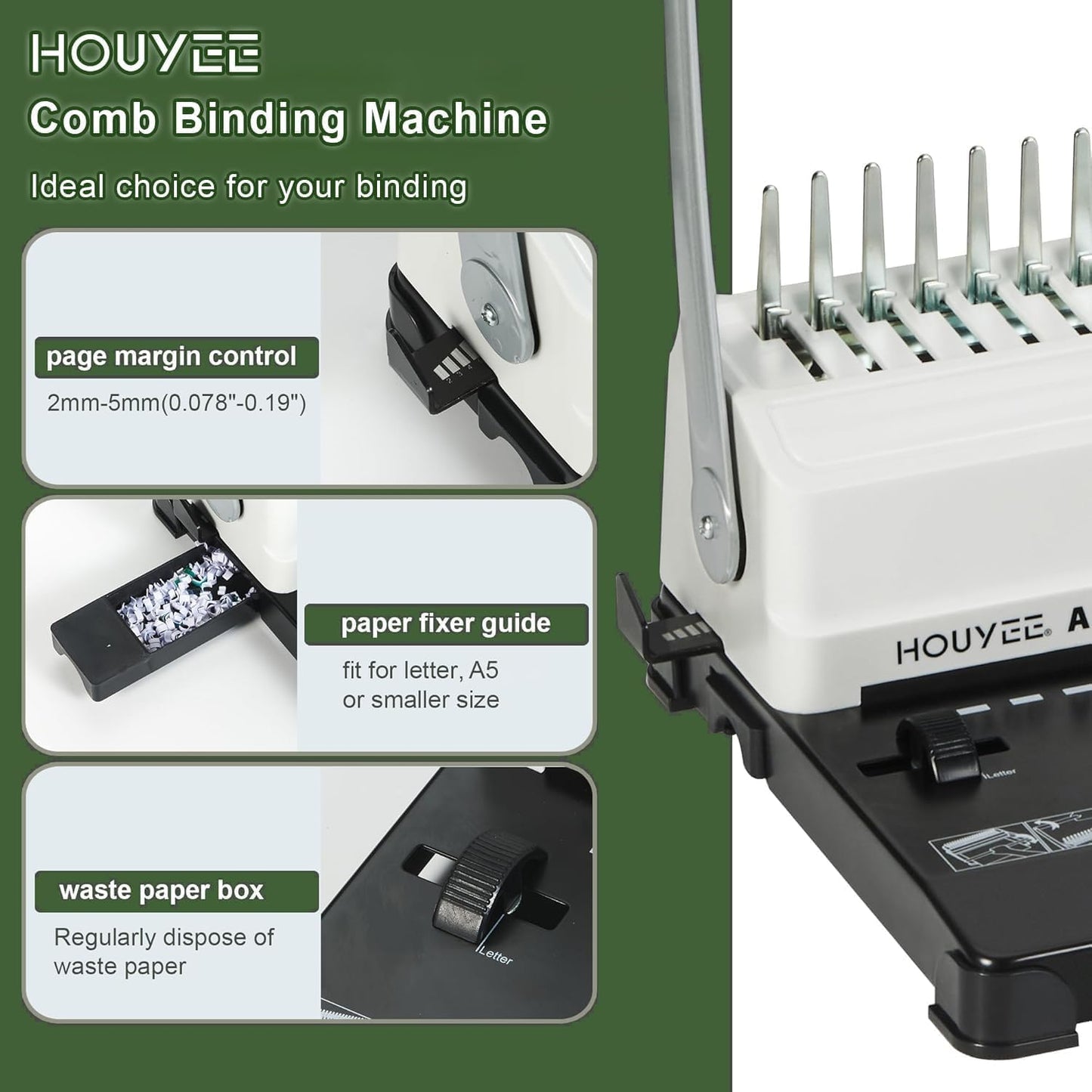 HOUYEE Manual Comb Binding Machine,19 Holes, 450 Sheets,Paper Punch Comb Binder Machine with 50 PCS 1/2" Comb Binding Spines, Fit for Letter Size Paper