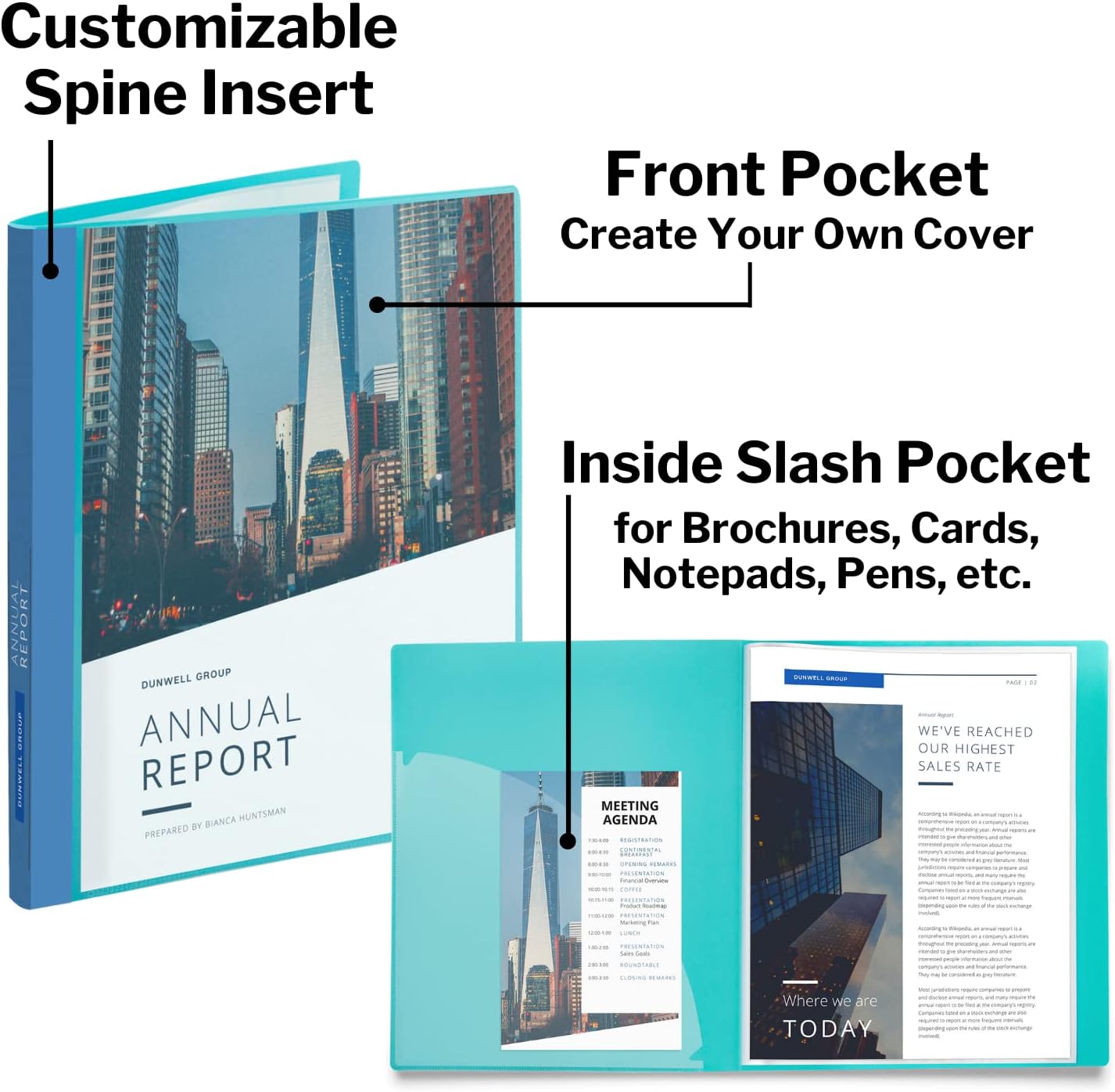 Dunwell Presentation Binder 12-Pocket, Displays 24 Pages, 8.5x11 Portfolio Binder with Plastic Sleeves, Storage and Organizer for Documents, Certificates, Projects, Photos (Aqua)