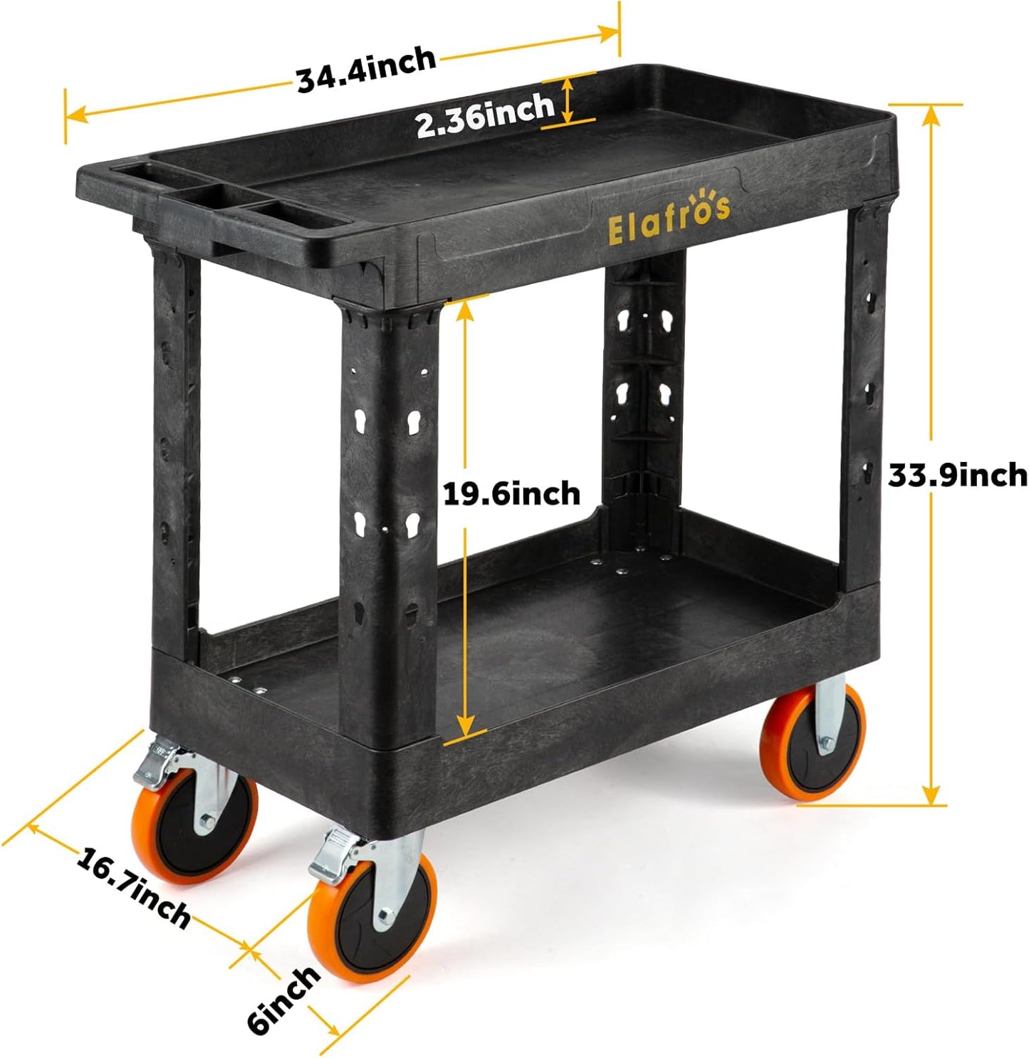 ELAFROS 2-Tier Heavy Duty Plastic Utility Cart, 34" x 17", Work Cart with Tub Storage, Deep Shelves, 2 Fixed 2 Swivel Wheels, Holds up to 550 lbs, 6" Casters, Service Cart for Warehouse