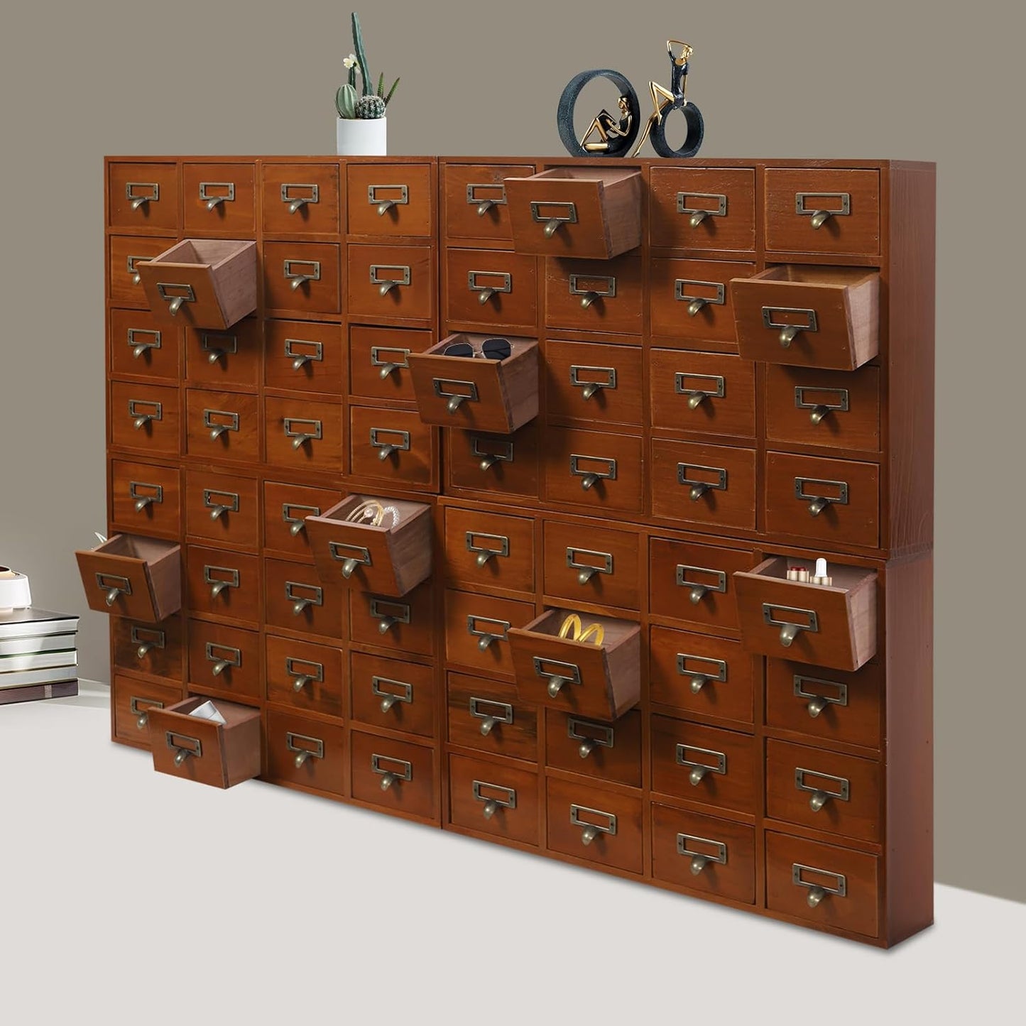 64-Drawer Wood Desk Drawer Organizer, Vintage Tabletop Apothecary Cabinet Wooden Desk Organizer, Card Catalog Cabinet for Dresser, Kitchen, Office Organization and Storage (Brown)