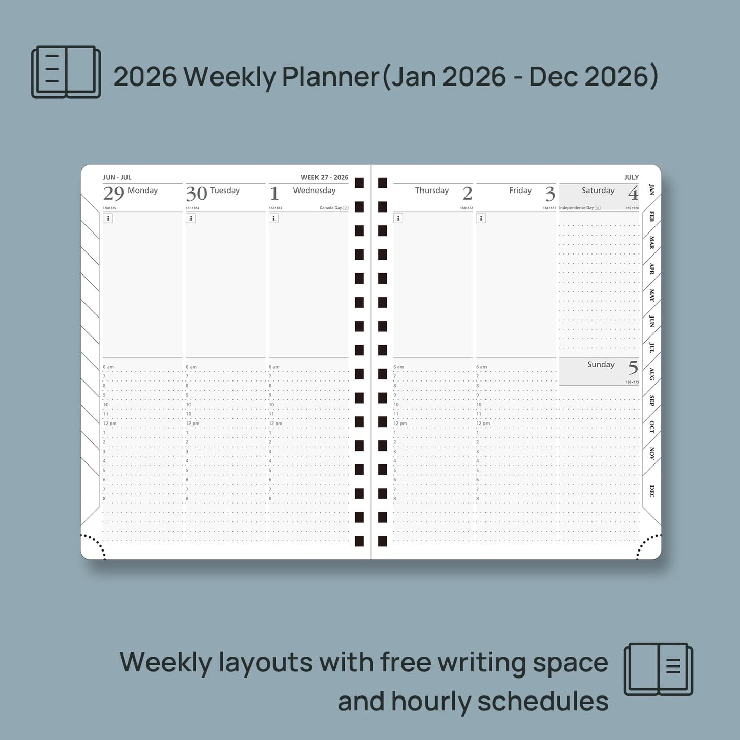 POPRUN 2026 Planner (Medium Size 8.5'' x 6.25'' Wire-Bound Hard Cover) Daily Weekly and Monthly Calendar - Agenda 2026 (Jan.2026-Dec.2026) with Hourly Schedule, Monthly Tabs - Burgundy