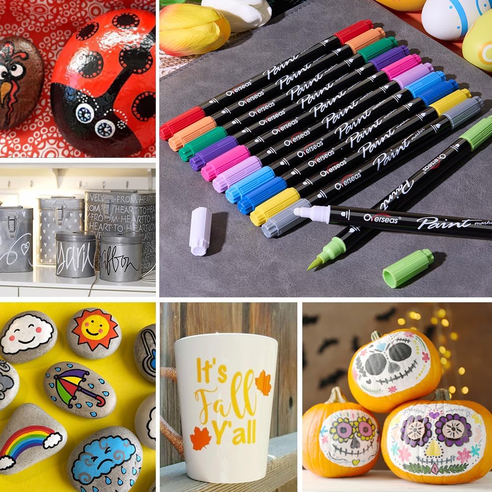 Overseas Gold Acrylic Paint Markers, 2 Pack Dual Tip Paint Pens Acrylic Markers with Dot and Brush Tip, Coloring Marker for Wood, Rock, Canvas, Glass, Metal, Ceramic, Plastic, Fabric, School Supplies