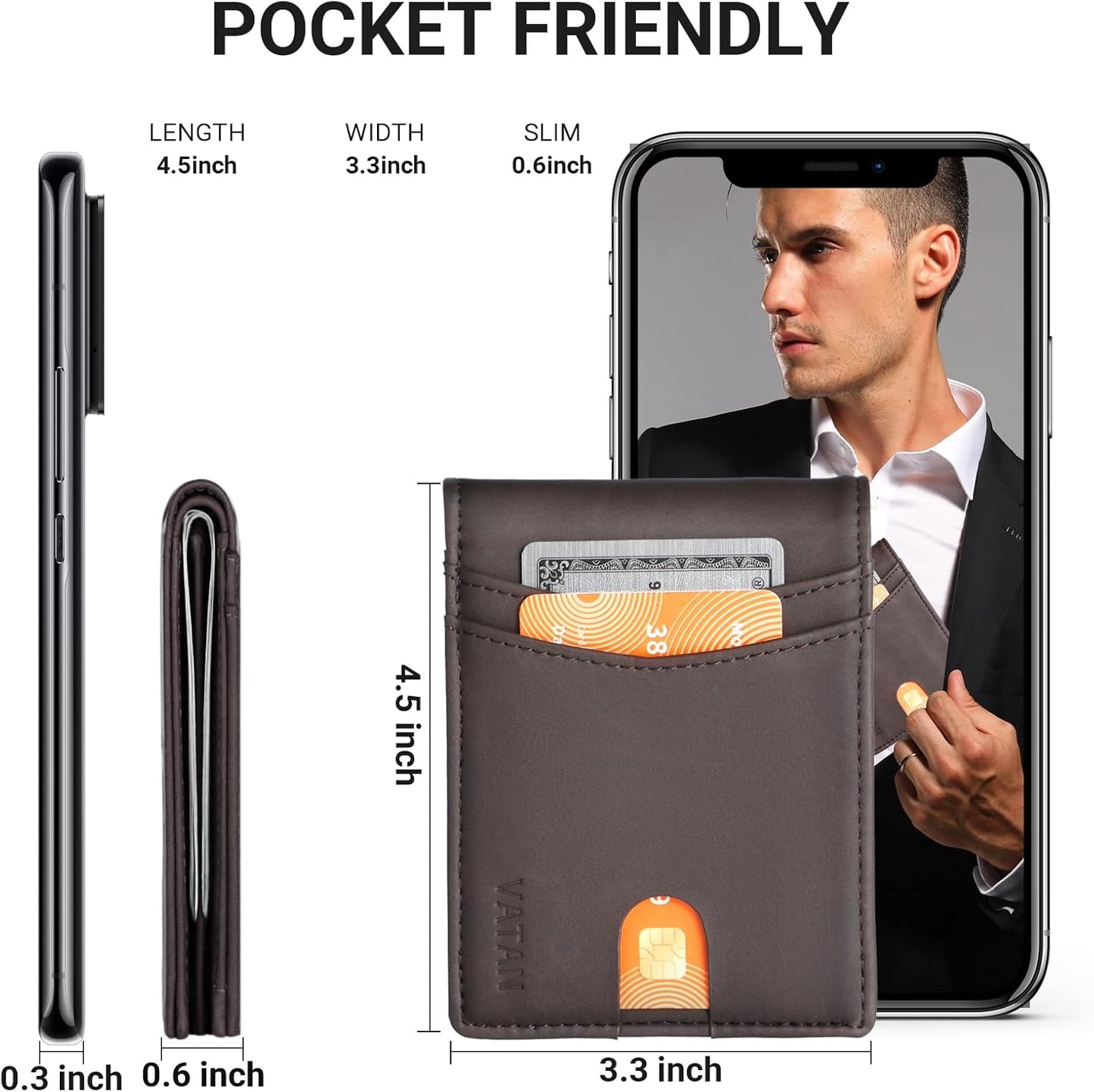 VATAN Wallet for Men, Mens Minimalist Wallet Credit Card Holder, Slim Leather Rfid 2 ID Window Large Capacity With Gift Box (Crazy Horse Deep Brown)