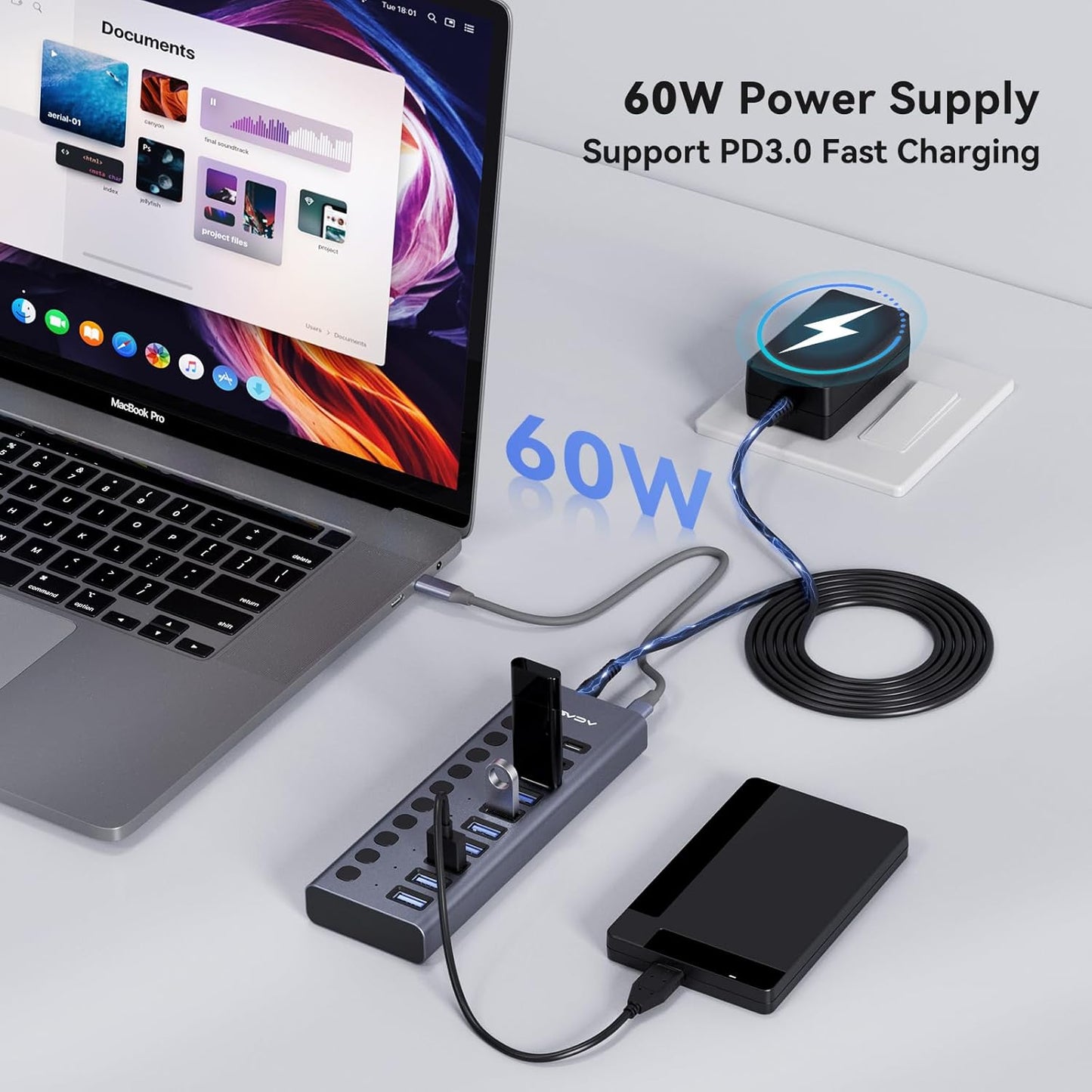 ACASIS 10 Ports 60W USB C 3.2 Hub, 10Gpbs Data Transfer, 20V/3A Power Adapter, Individual On/Off Switches, Aluminum Housing, USB Splitter for PC, Computer, Laptop, Mobile HDD, Flash Drive
