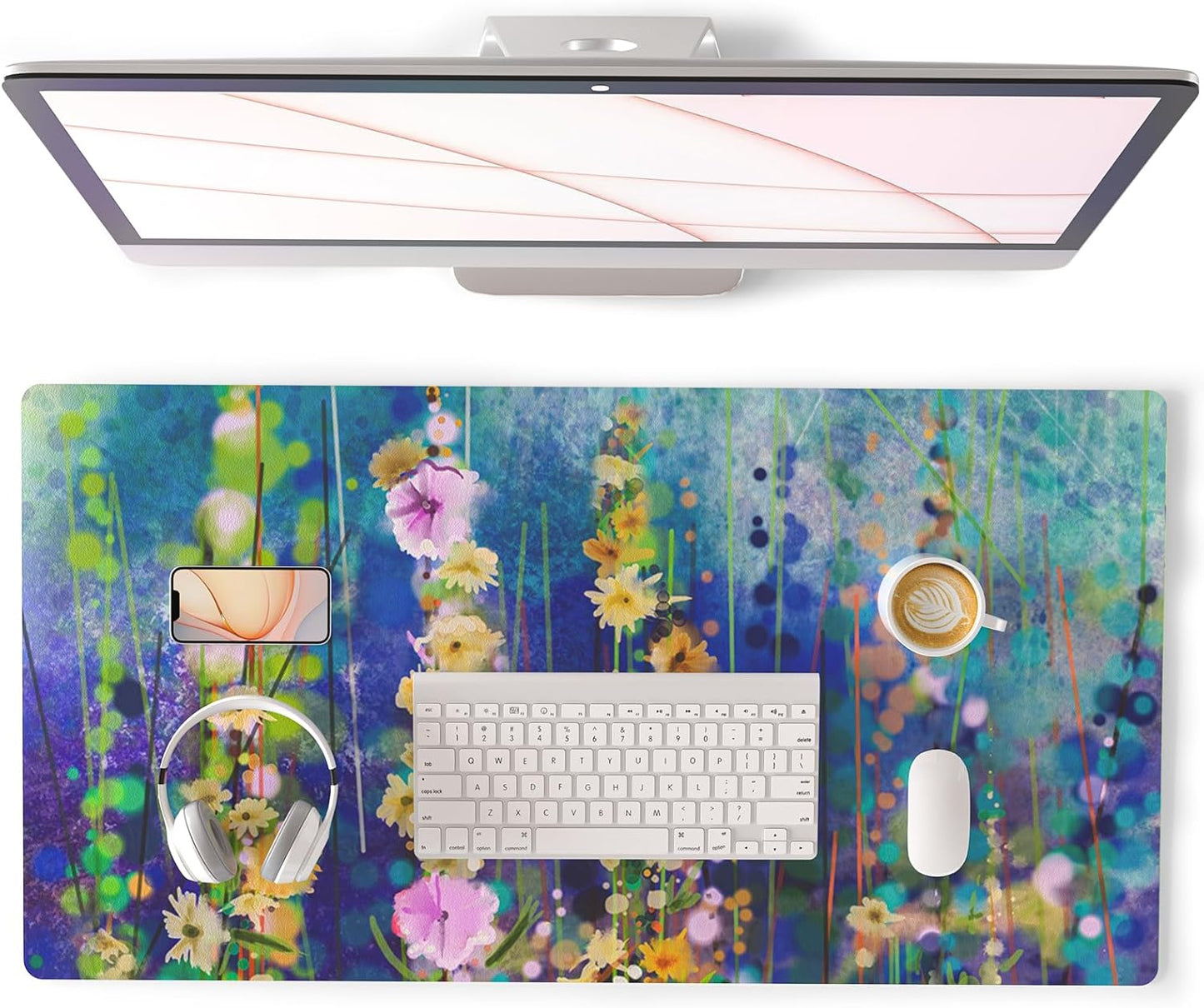 QIYI Large Desk Pad, Waterproof PU Leather Mouse Pad for Desktop, Blue Green Floral Home Décor Office Desk Accessories, Non Slip Desk Mat Writing Pads for Home Office 31.5" x 15.7" - Ivy Flowers