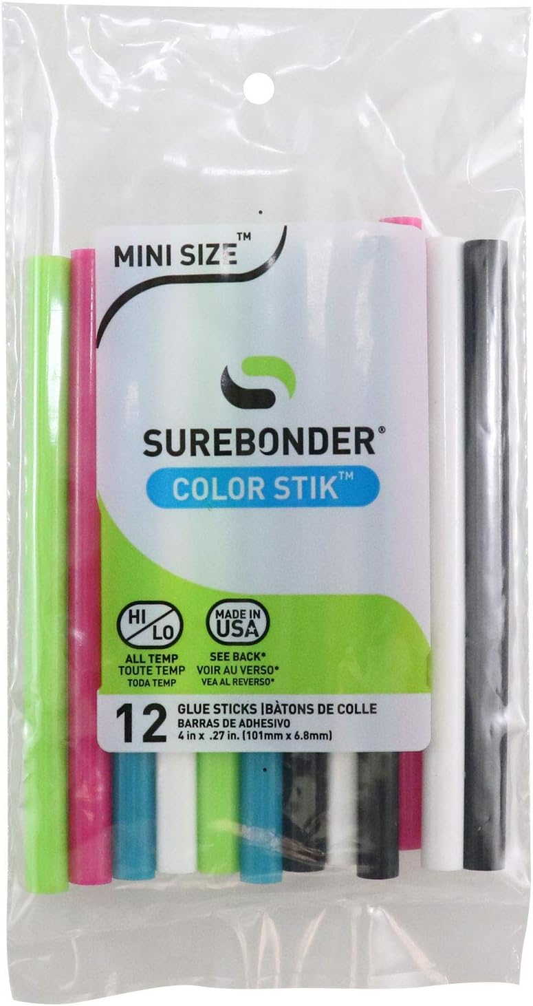 Surebonder CO-12V Mini All Temperature Colored Glue Stik-12 glue sticks-4" length 5/16" diameter