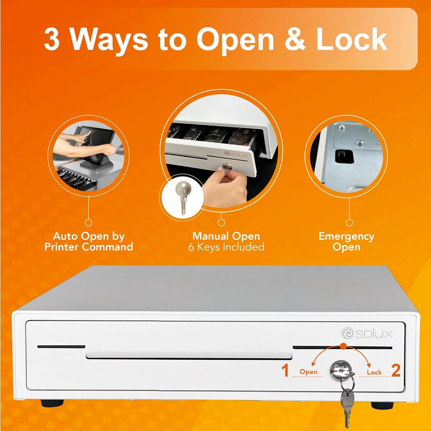 SOLUX 13" Cash Drawer - Cash Registers - Cash Register Drawer for POS - Square Cash Drawer for Small Businesses - Removable Coin Tray - 24V, RJ11/RJ12-Key Lock 4 Bill - 5 Coin, White