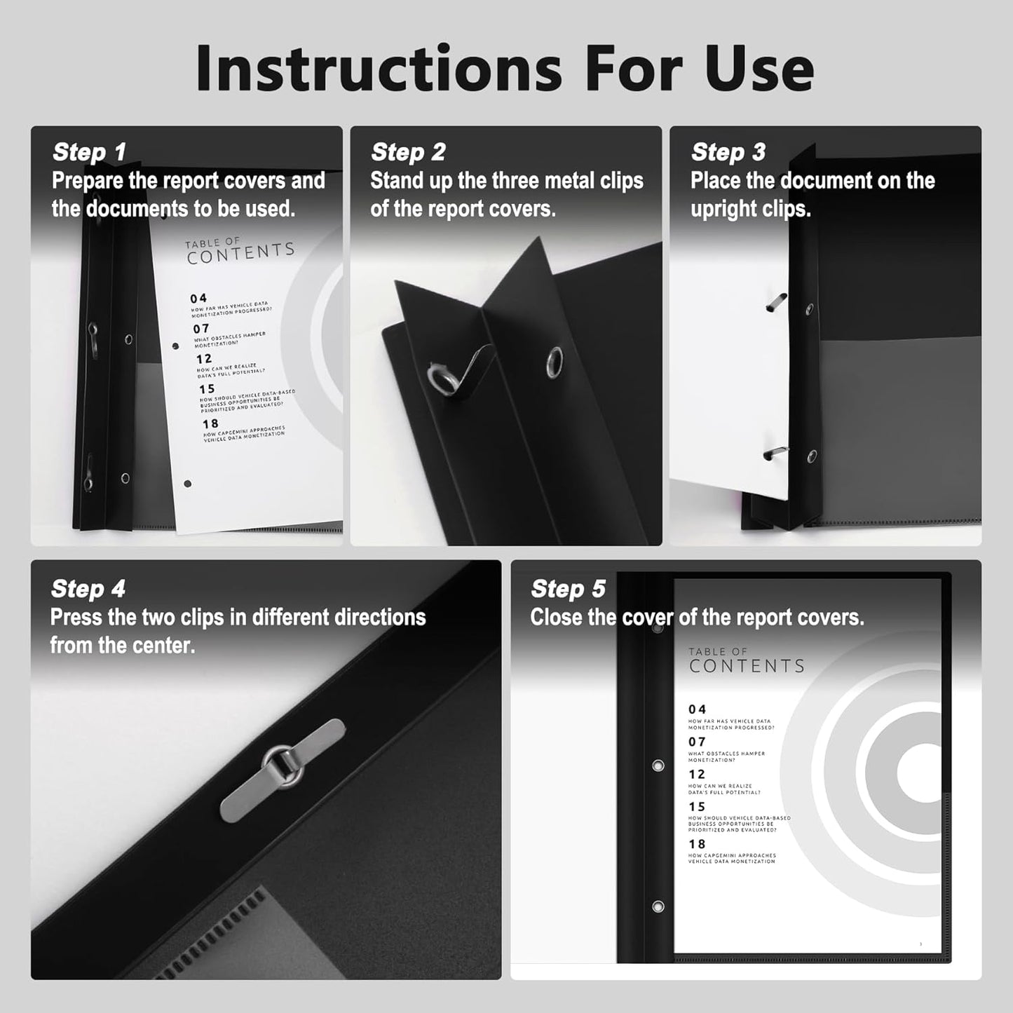 Ndsox 5 Packs Clear Front Report Covers with 3-Prong Fasteners, Plastic Project Presentation Folders Resume Document Covers with Black Back for 8.5" x 11" Letter Size Paper for School Office Business